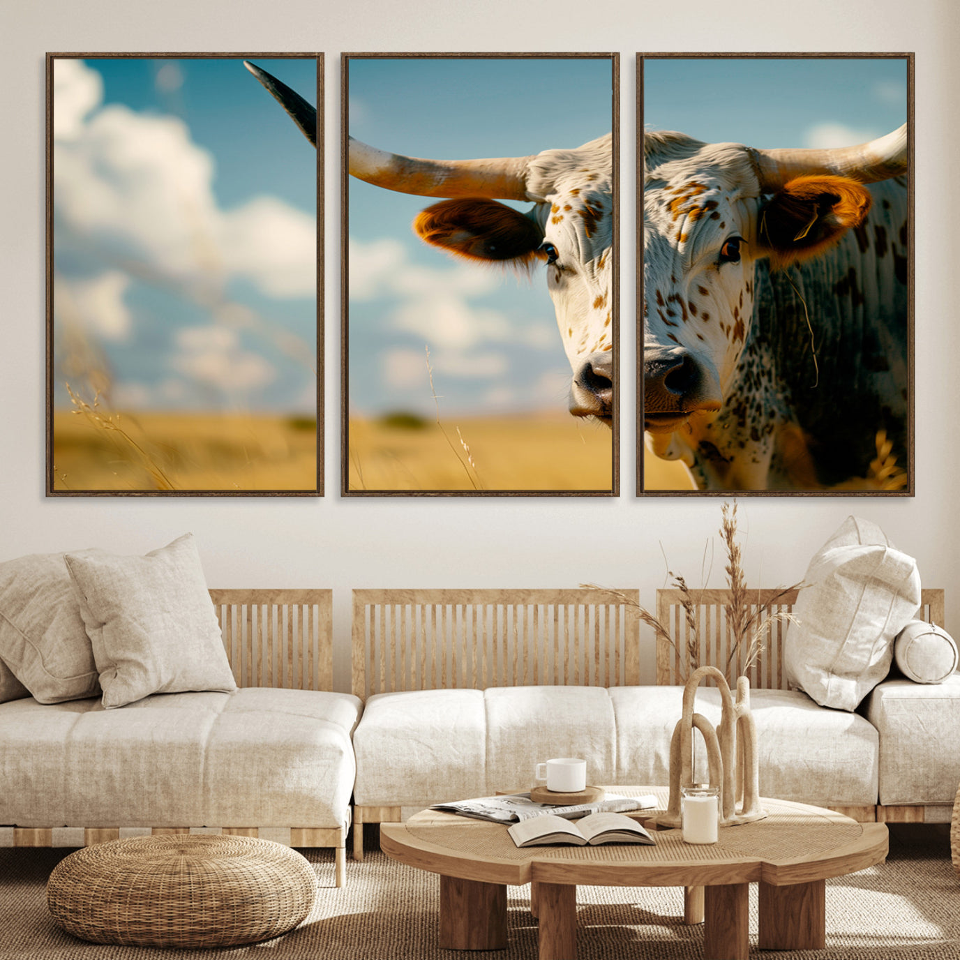 71621-MGV-FC-60X30-3P_Walnut-Longhorn in the Prairie - Stunning Ranch-Style Triptych Wall Art for Western Home Decor, Cowboy Wall
