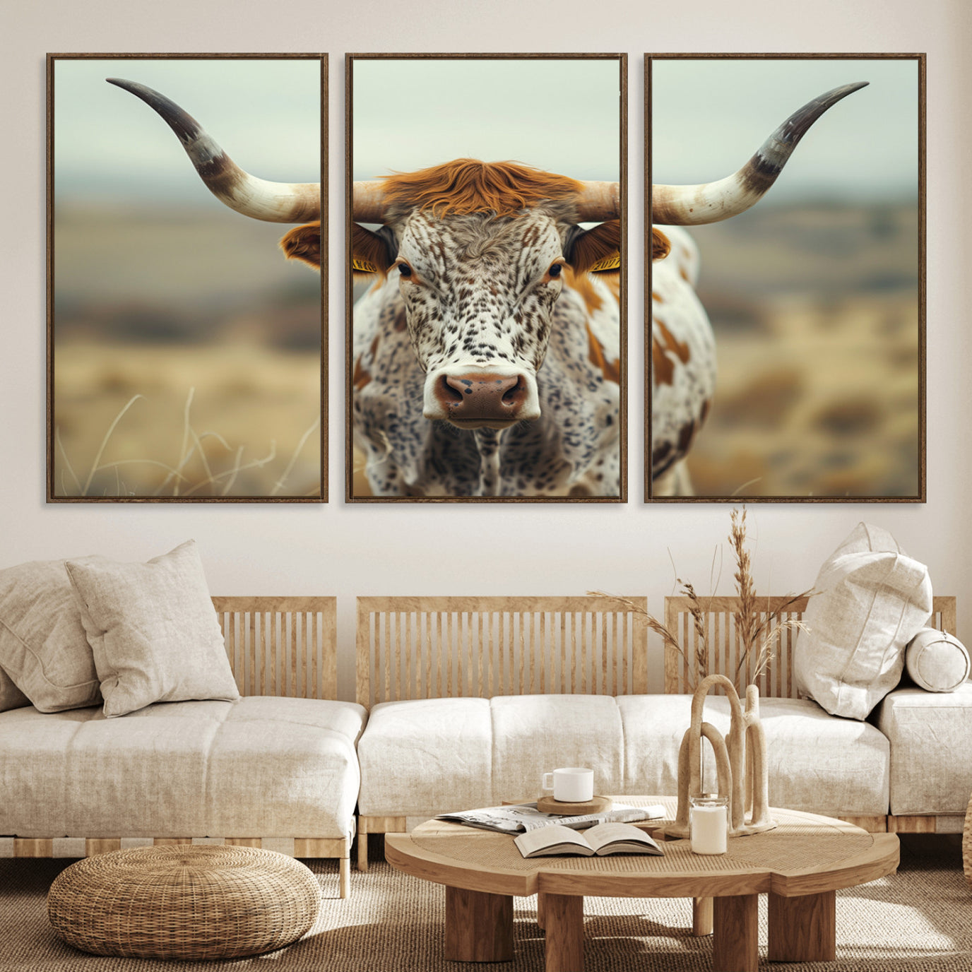 91312-MGV-FC-60X30-3P_Walnut-Texas Cow Longhorn Wall Art Canvas Print for Farm House Wall Decor, Farmhouse Wall Art Print