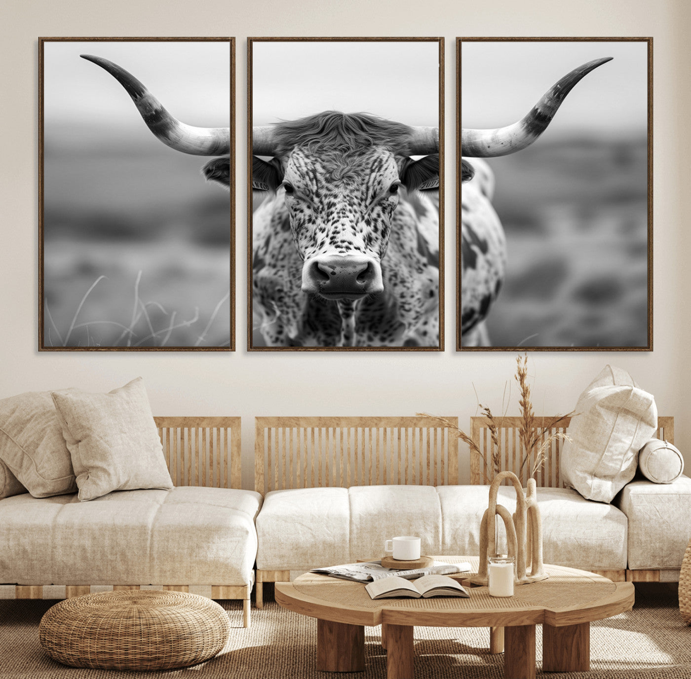 77331-MGV-FC-60X30-3P_Walnut-Texas Cow Longhorn Wall Art Canvas Print for Farm House Wall Decor, Farmhouse Wall Art Print