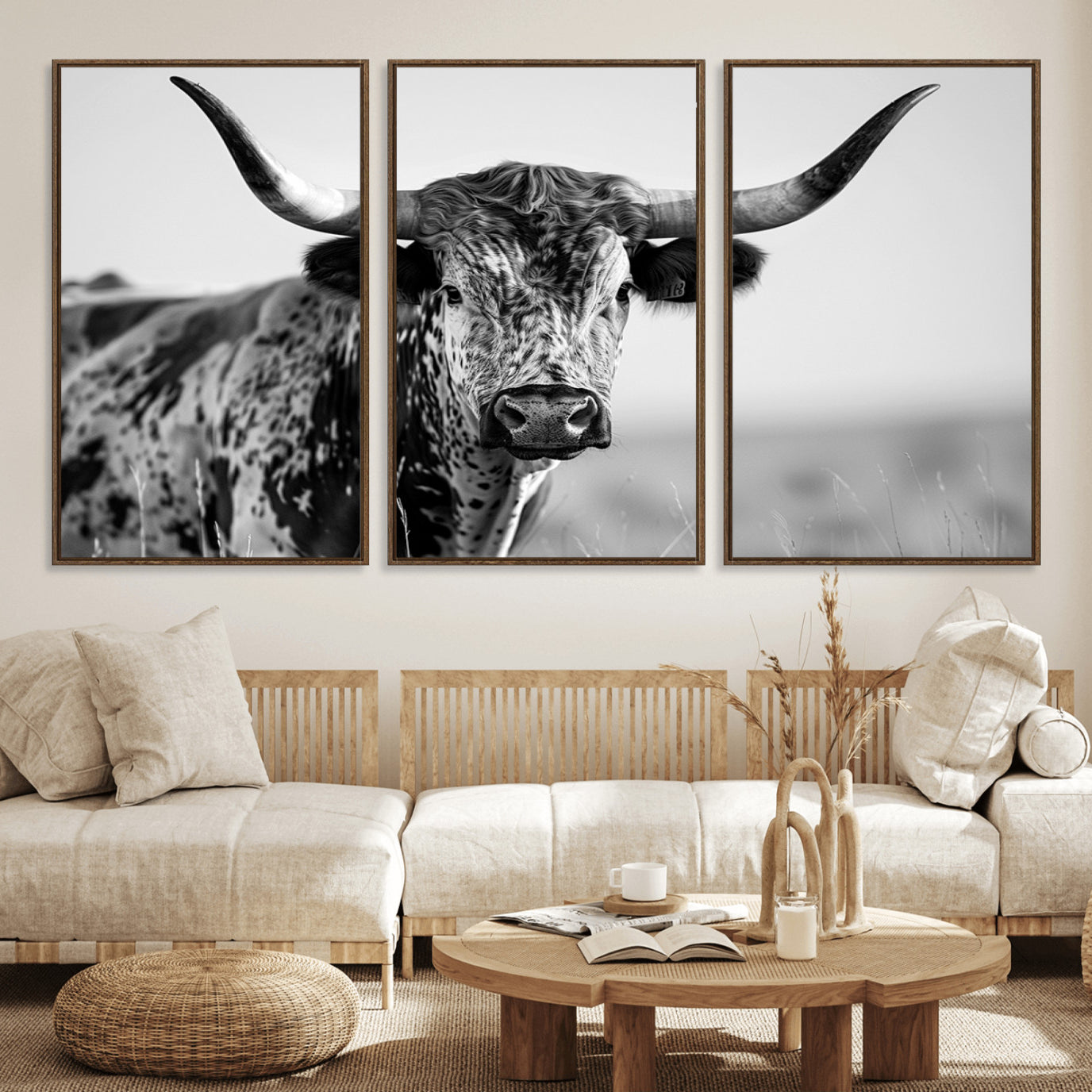89724-MGV-FC-60X30-3P_Walnut-Texas Cow Longhorn Wall Art Canvas Print in Black and White – Framed, Ready to Hang