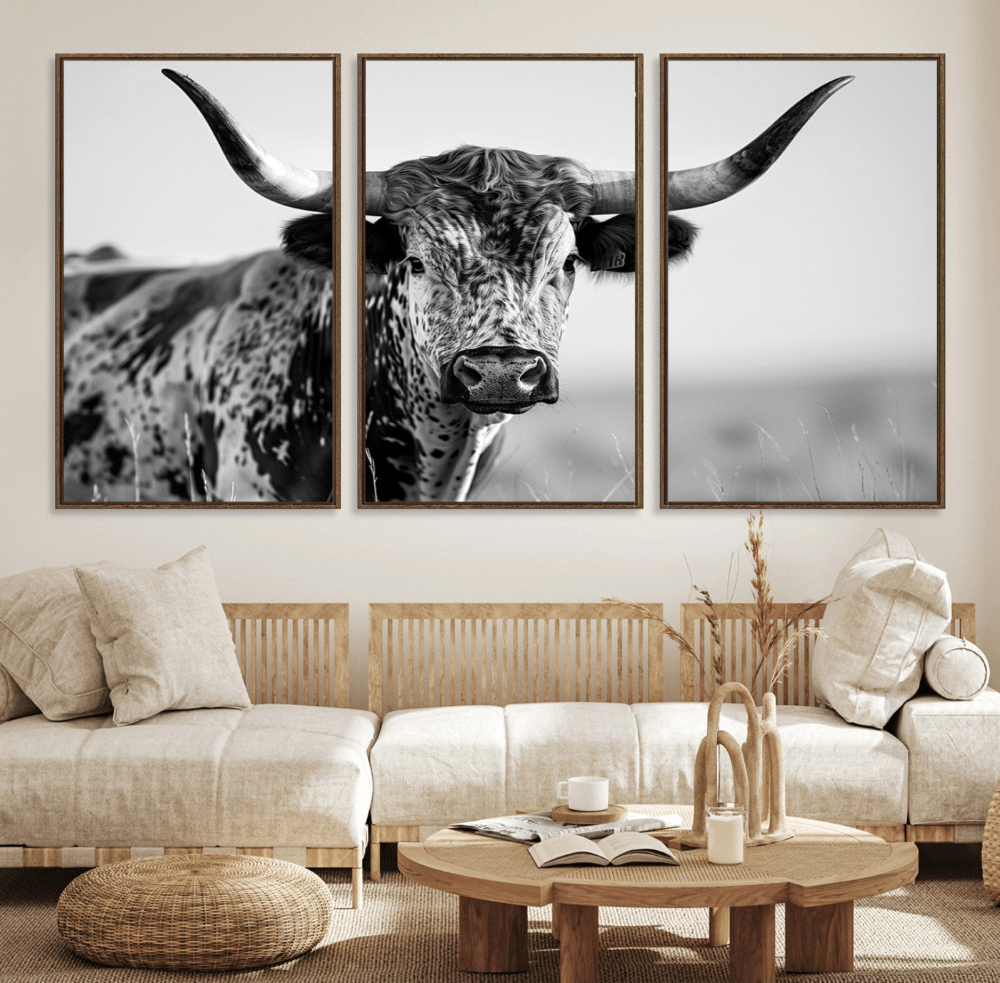 89724-MGV-FC-60X30-3P_Walnut-Texas Cow Longhorn Wall Art Canvas Print in Black and White – Framed, Ready to Hang