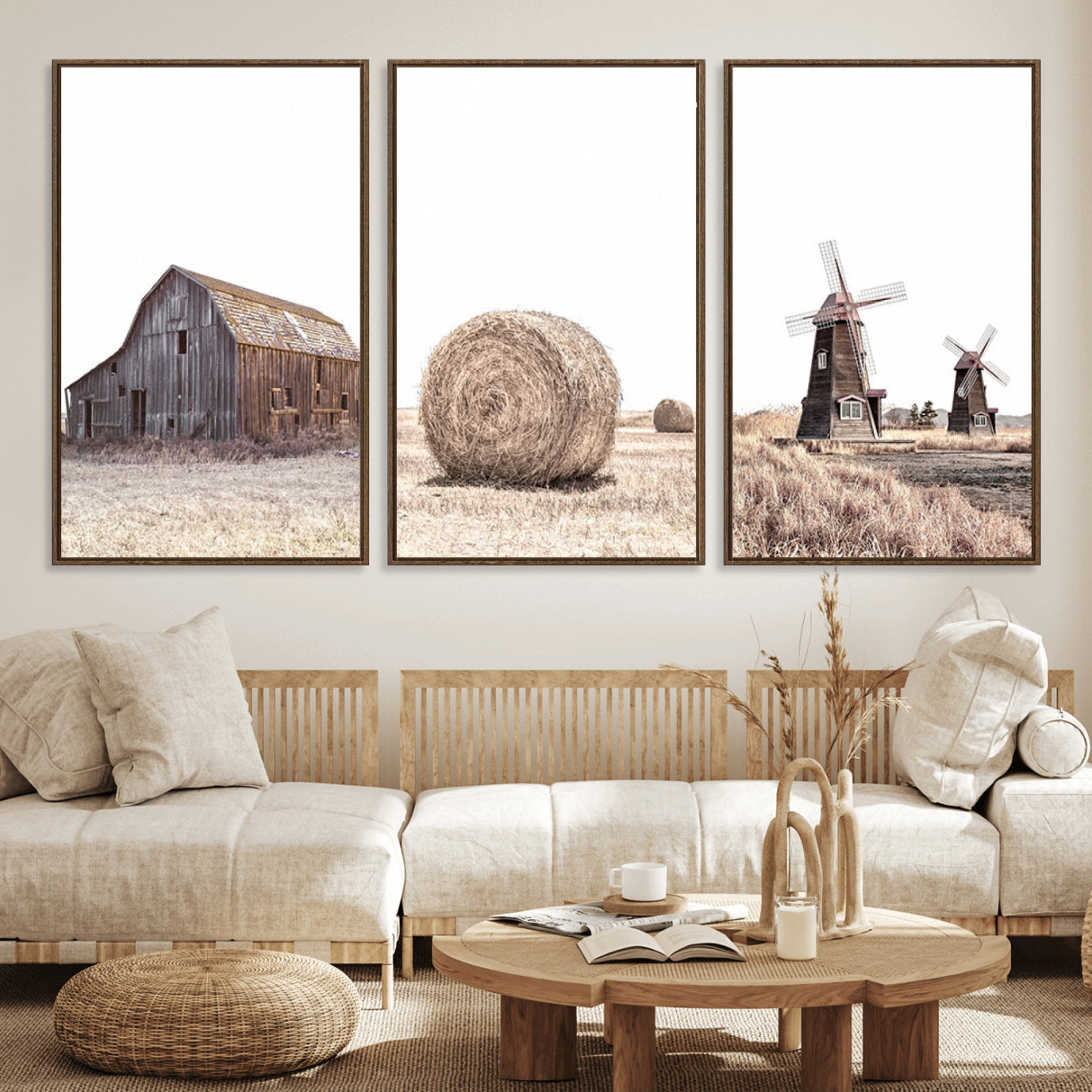 94971-MGV-FC-60X30-3P_Walnut-Farm Prints Set, Set of 3 Farmhouse Wall Art, Country House Decor