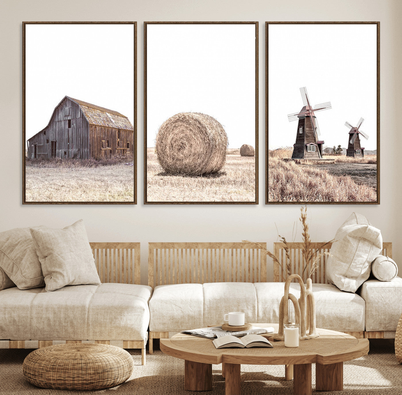 94971-MGV-FC-60X30-3P_Walnut-Farm Prints Set, Set of 3 Farmhouse Wall Art, Country House Decor