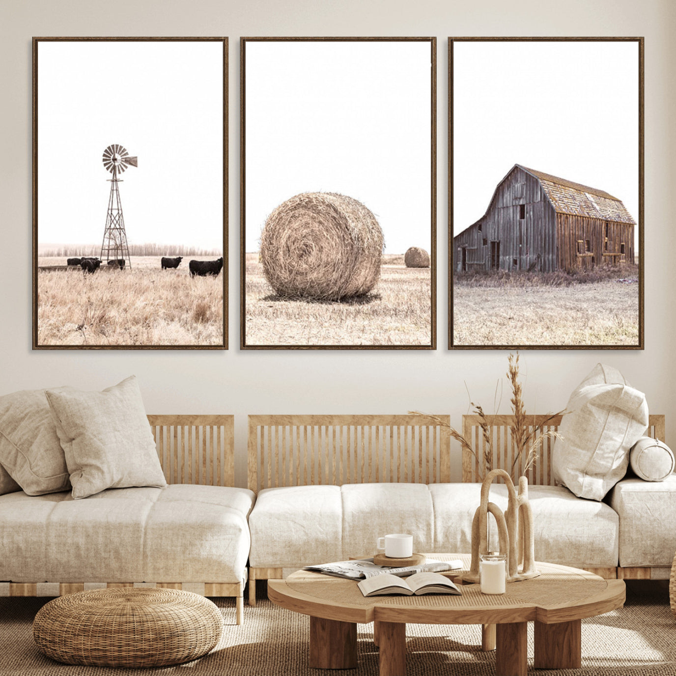 30918-MGV-FC-60X30-3P_Walnut-Farm Prints Set, Set of 6 Farmhouse Wall Art, Country House Decor, Barn Print, Wheat Print,