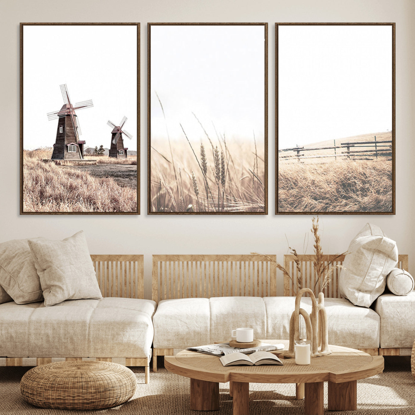 56649-MGV-FC-60X30-3P_Walnut-Farm Prints Set, Set of 3 Farmhouse Wall Art, Country House Decor, Barn Print, Wheat Print,