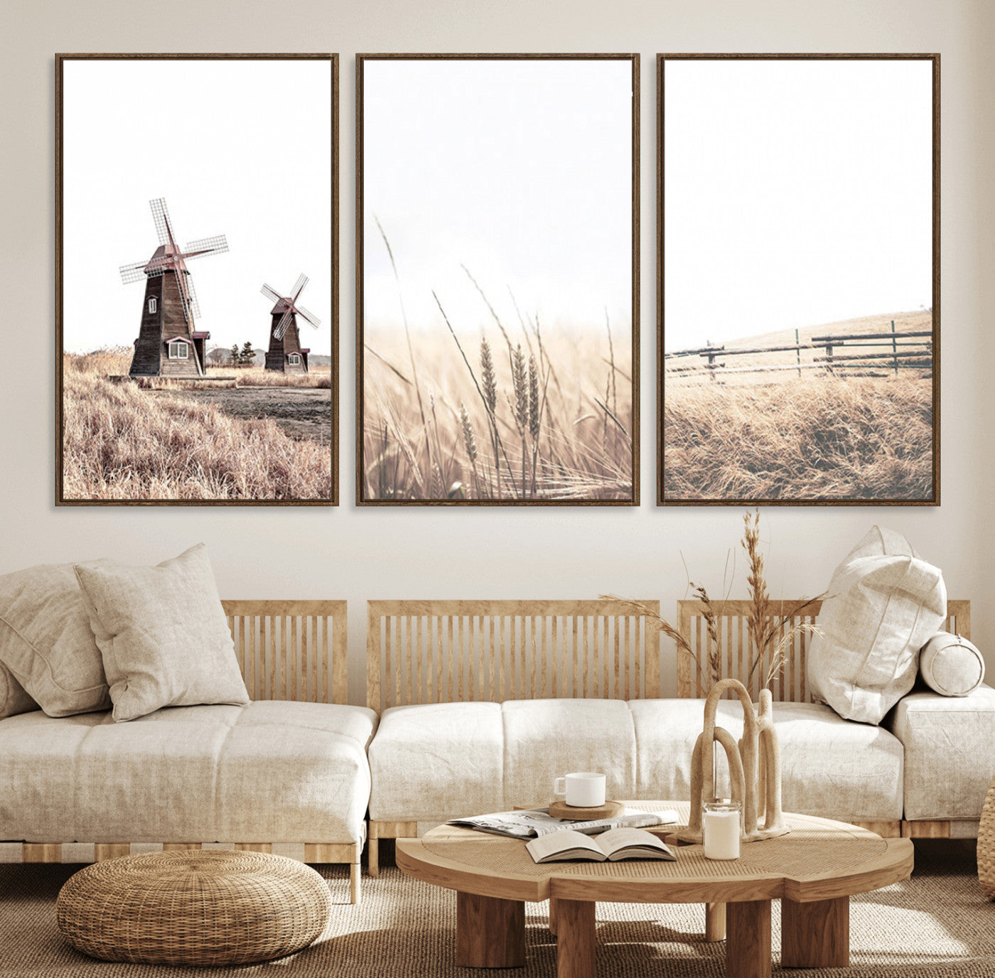 56649-MGV-FC-60X30-3P_Walnut-Farm Prints Set, Set of 3 Farmhouse Wall Art, Country House Decor, Barn Print, Wheat Print,