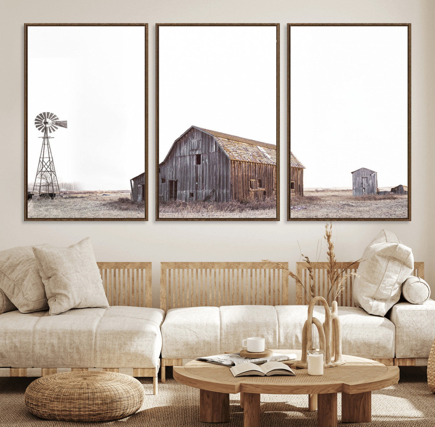 64560-MGV-FC-60X30-3P_Walnut-Set of 3 Rustic Farmhouse Wall Art Prints – Country Barn, Wheat Field, and Farm Landscape for Cozy