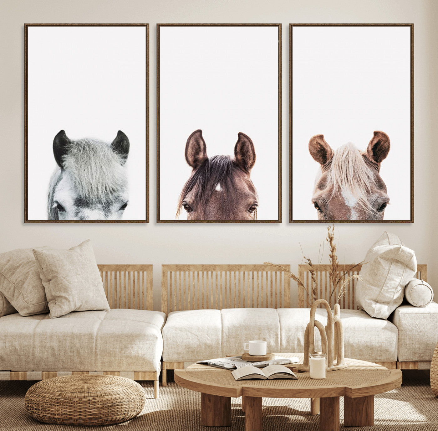 16020-MGV-FC-60X30-3P_Walnut-Horse Wall Art - Minimalist Horse Triptych Wall Art – Modern 3-Panel Giclée Canvas Featuring Horse