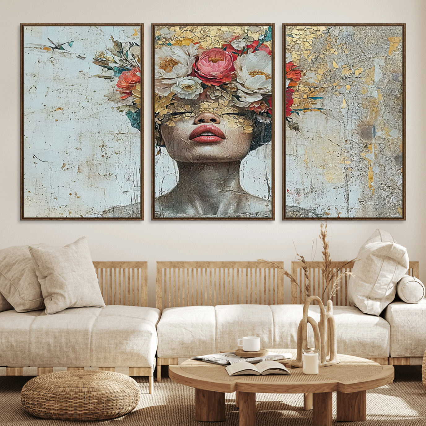 26919-MGV-FC-60X30-3P_Walnut-Golden Petal Wall Art Canvas Print - Silhouette Woman Wall Art Canvas Print, Floral Woman Portrait