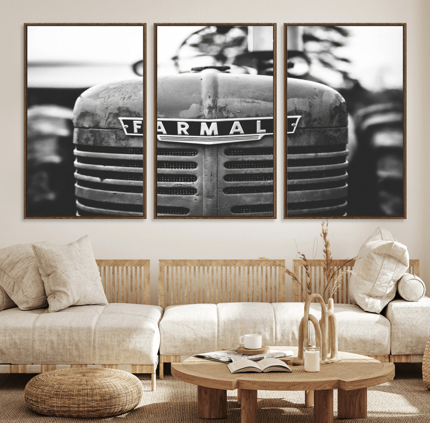 48656-MGV-FC-60X30-3P_Walnut-Vintage Farmall Tractor Wall Art Canvas Print, Rustic Farmhouse Decor Ready to Hang