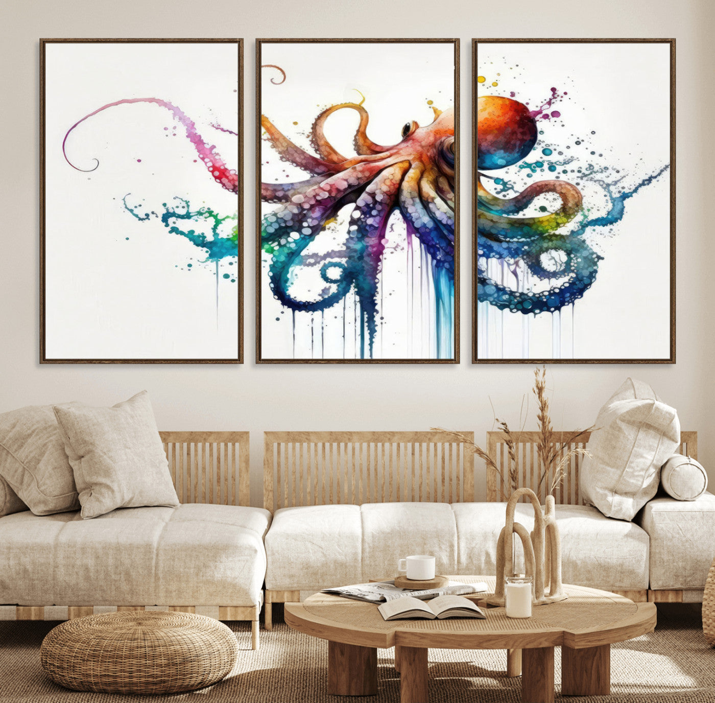19374-MGV-FC-60X30-3P_Walnut-Watercolor Vibrant Octopus Wall Art Canvas Print | Abstract Sea Life Art | Colorful Marine Creature