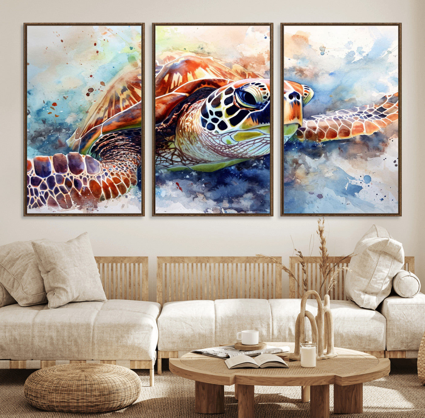 25935-MGV-FC-60X30-3P_Walnut-Watercolor Sea Turtle Wall Art Canvas Print - Vibrant Ocean Colors in Watercolor Style - Ready to