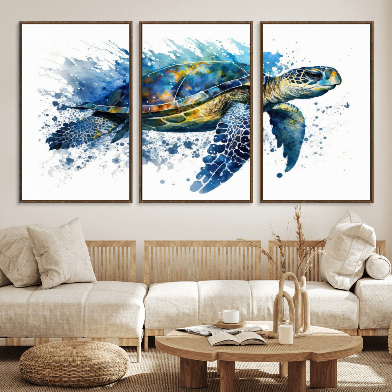 21983-MGV-FC-60X30-3P_Walnut-Turtle Wall Art Canvas Print, Framed Watercolor Turtle Art Picture Print, Ocean Life Perfect Nautical Decor Artwork