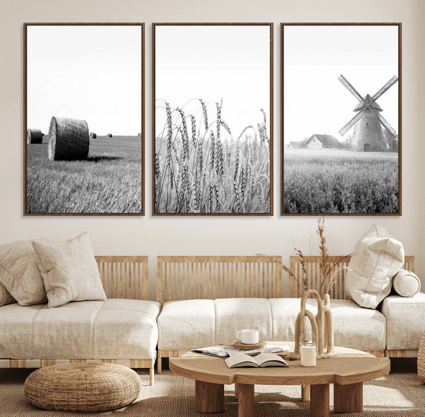 89390-MGV-FC-60X30-3P_Walnut-Vintage Farmhouse Black and White Triptych Wall Art – Giclee Canvas Featuring Wheat Fields, Hay