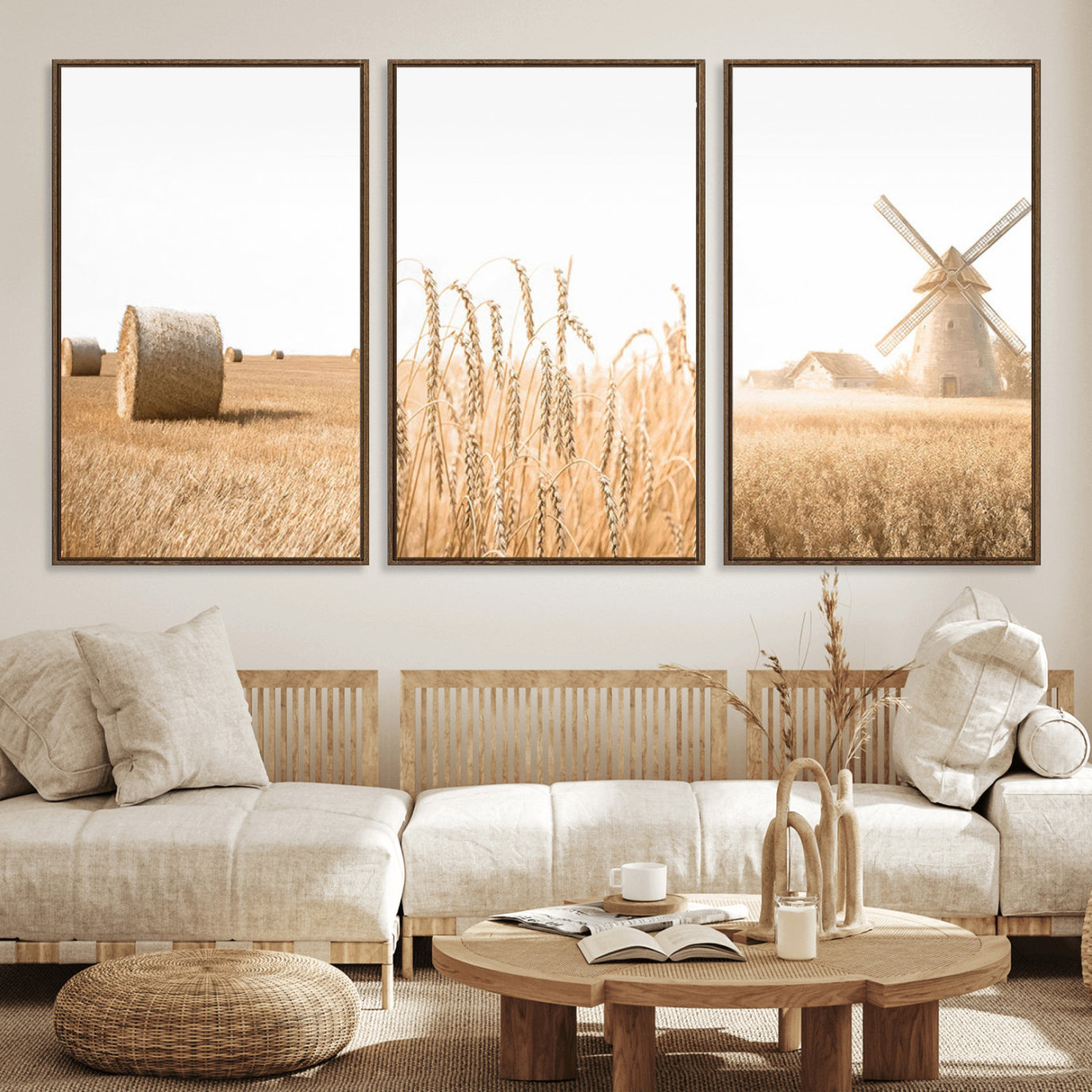 88780-MGV-FC-60X30-3P_Walnut-Vintage Farmhouse Triptych Wall Art – Giclée Canvas Featuring Wheat Fields, Hay Bales, and a