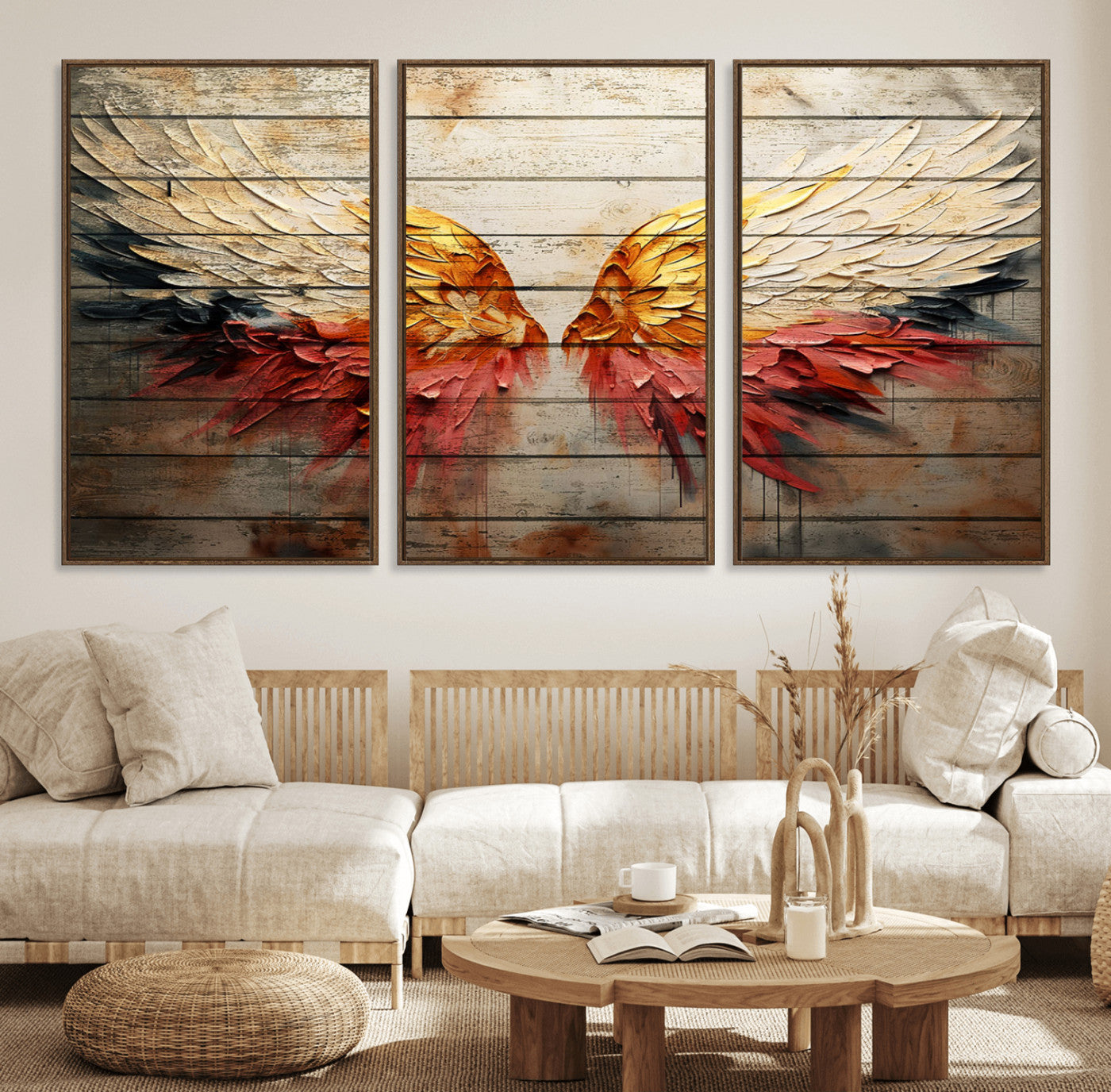 19244-MGV-FC-60X30-3P_Walnut-Abstract Angel Wings Canvas Wall Art – Framed and Ready to Hang Modern Angelic Wings Decor for