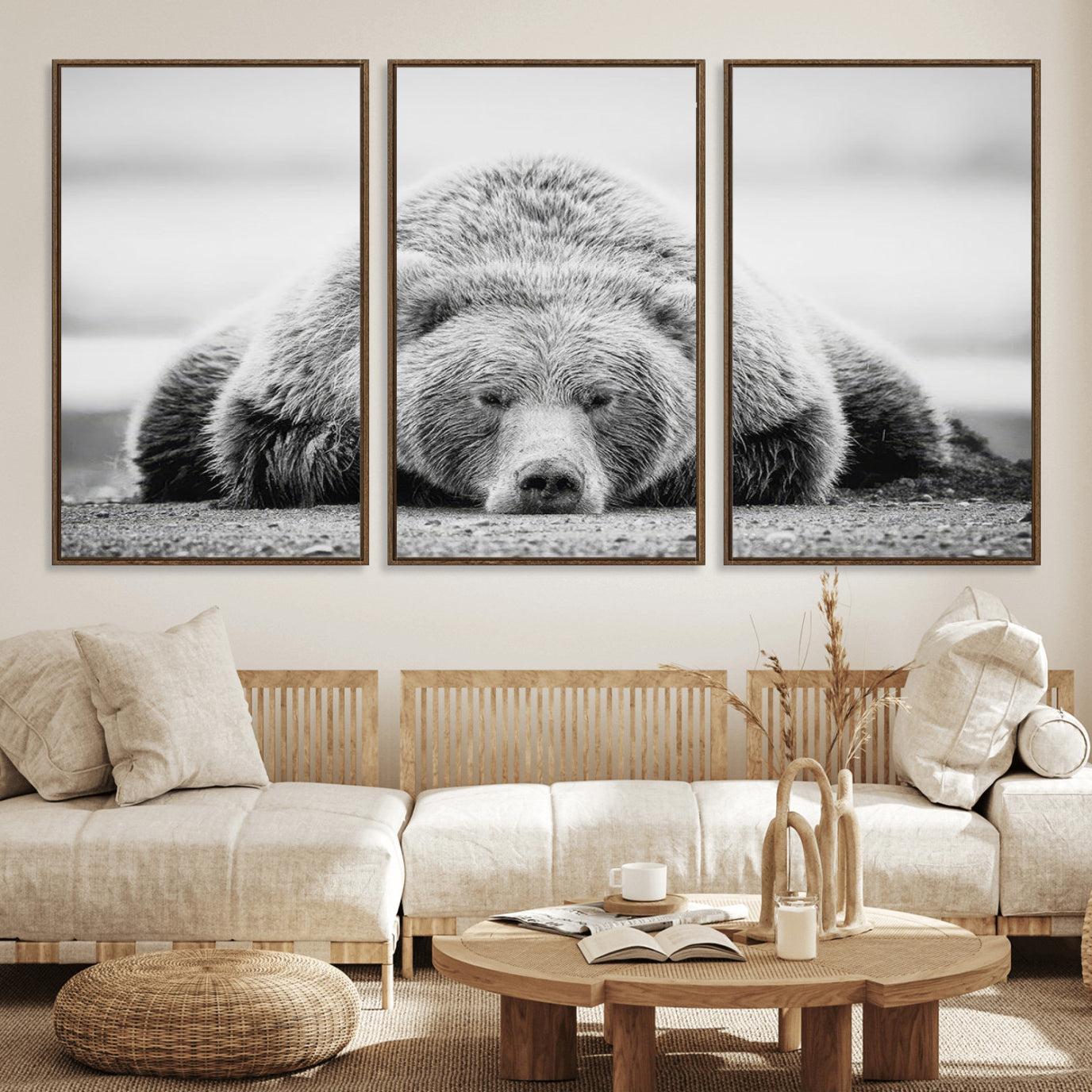 72905-MGV-FC-60X30-3P_Walnut-Resting Grizzly Bear Wall Art Canvas Print – Majestic Lazy Black and White Wildlife Bear Art,