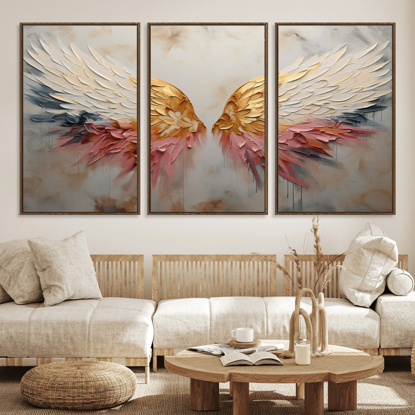 10697-MGV-FC-60X30-3P_Walnut-Golden Angel Wings Wall Art Canvas Print – Stunning Abstract Winged Art for Elegant Home Decor –