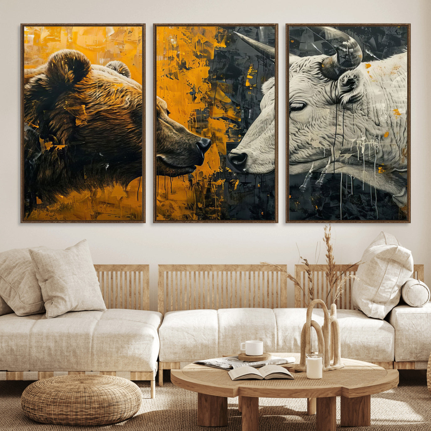 71185-MGV-FC-60X30-3P_Walnut-Bear and Bull Wall Art Canvas Print – Abstract Animal Portrait Painting for Modern Home Decor –