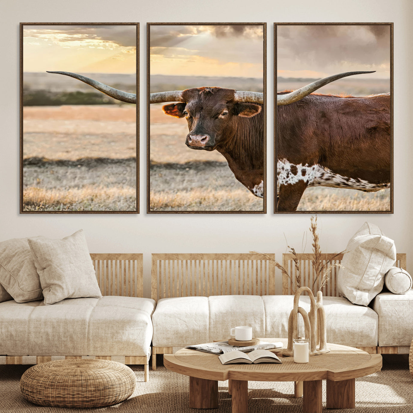 42715-MGV-FC-60X30-3P_Walnut-Texas Longhorn Wall Art Canvas Print, Rustic Ranch Decor, Majestic Western Longhorn Cattle