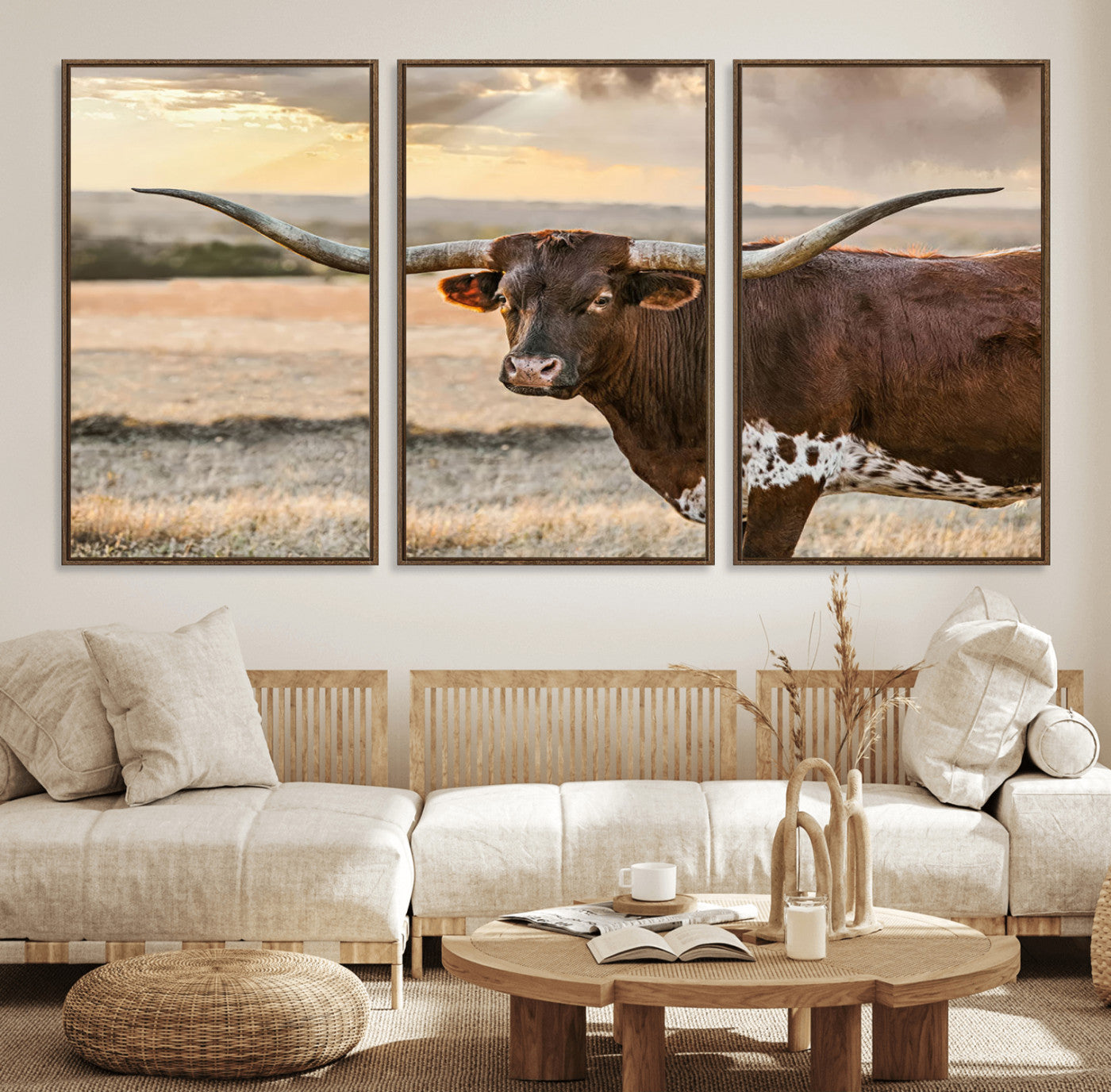 42715-MGV-FC-60X30-3P_Walnut-Texas Longhorn Wall Art Canvas Print, Rustic Ranch Decor, Majestic Western Longhorn Cattle