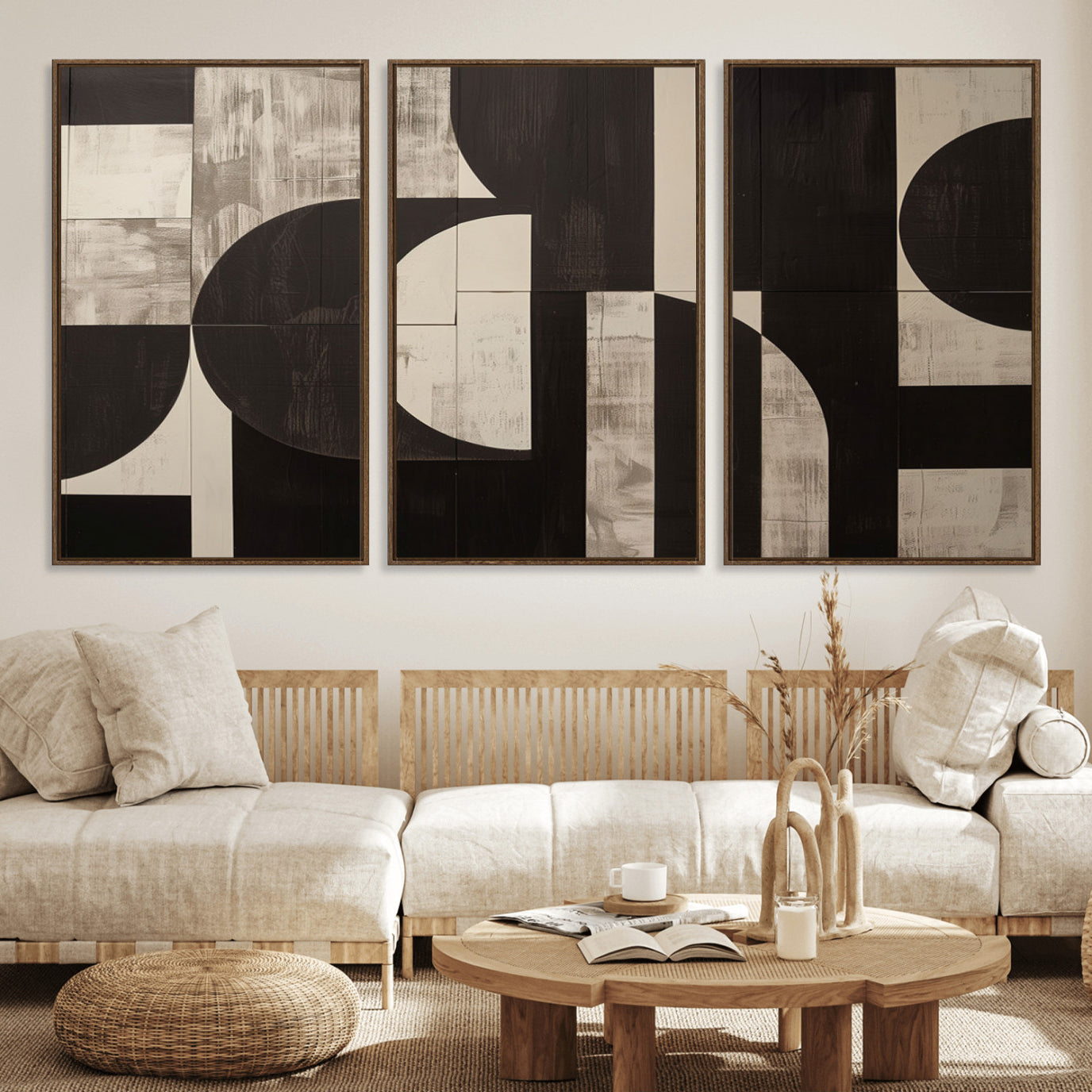 63644-MGV-FC-60X30-3P - Abstract Brown Wabi Sabi Canvas Print Set – Minimalist Mid-Century Wall Art Contemporary Artwork for Home, Office