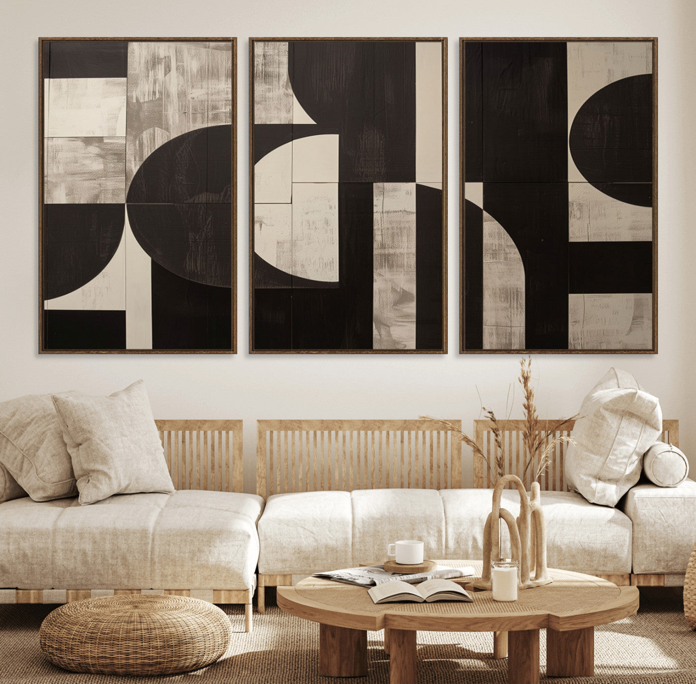 63644-MGV-FC-60X30-3P - Abstract Brown Wabi Sabi Canvas Print Set – Minimalist Mid-Century Wall Art Contemporary Artwork for Home, Office