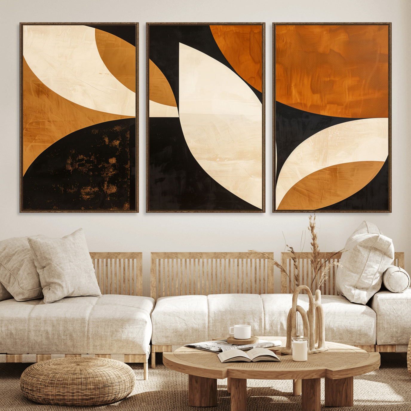 21251-MGV-FC-60X30-3P_Walnut-Geometric Abstract Wall Art Canvas Print, Mid Century Modern Wall Art Print