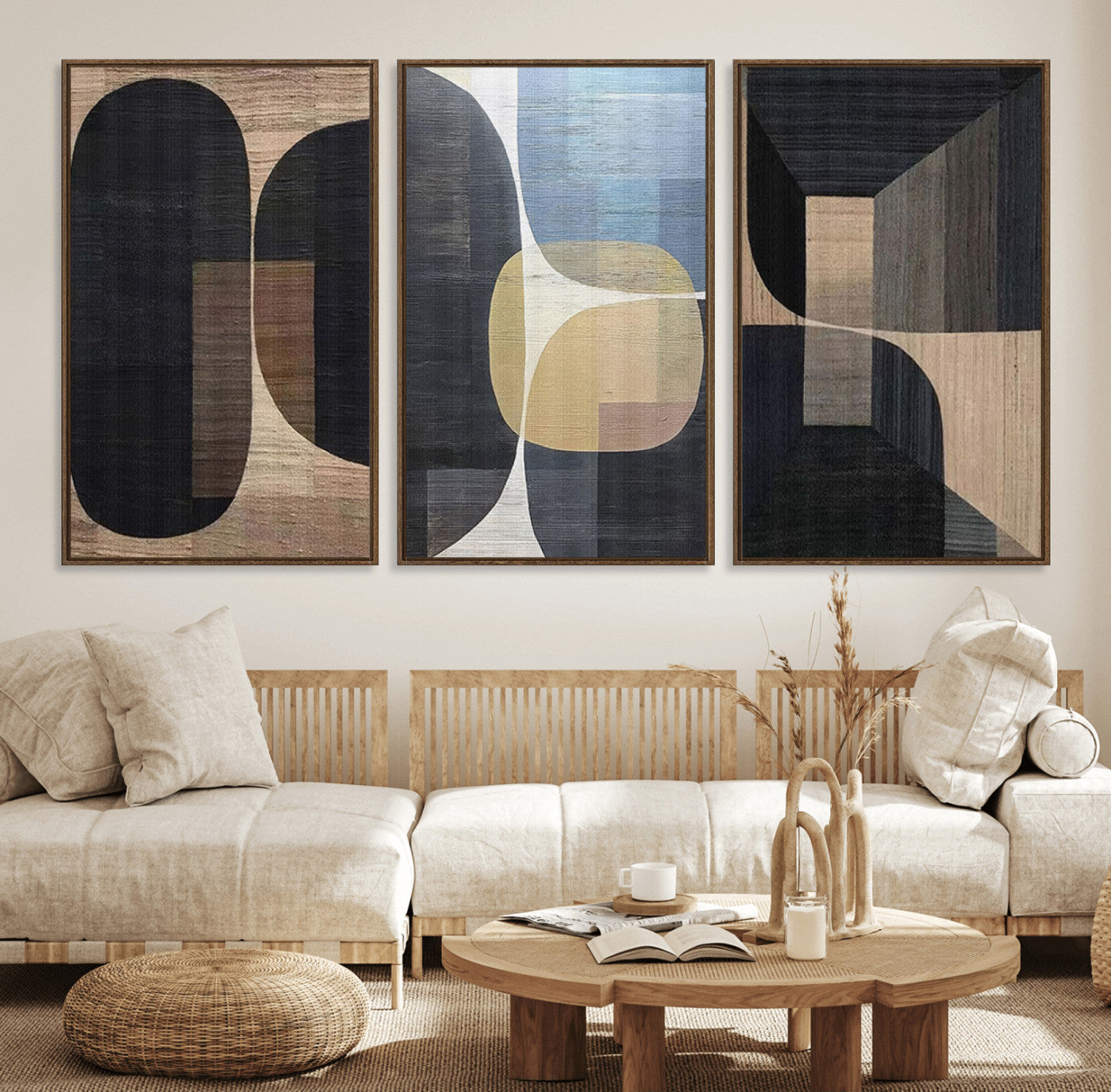 75252-MGV-FC-60X30-3P_Walnut-Minimalist Wabi Sabi Abstract Geometric Wall Art Canvas Print – Modern Minimalist Shapes – Ready to