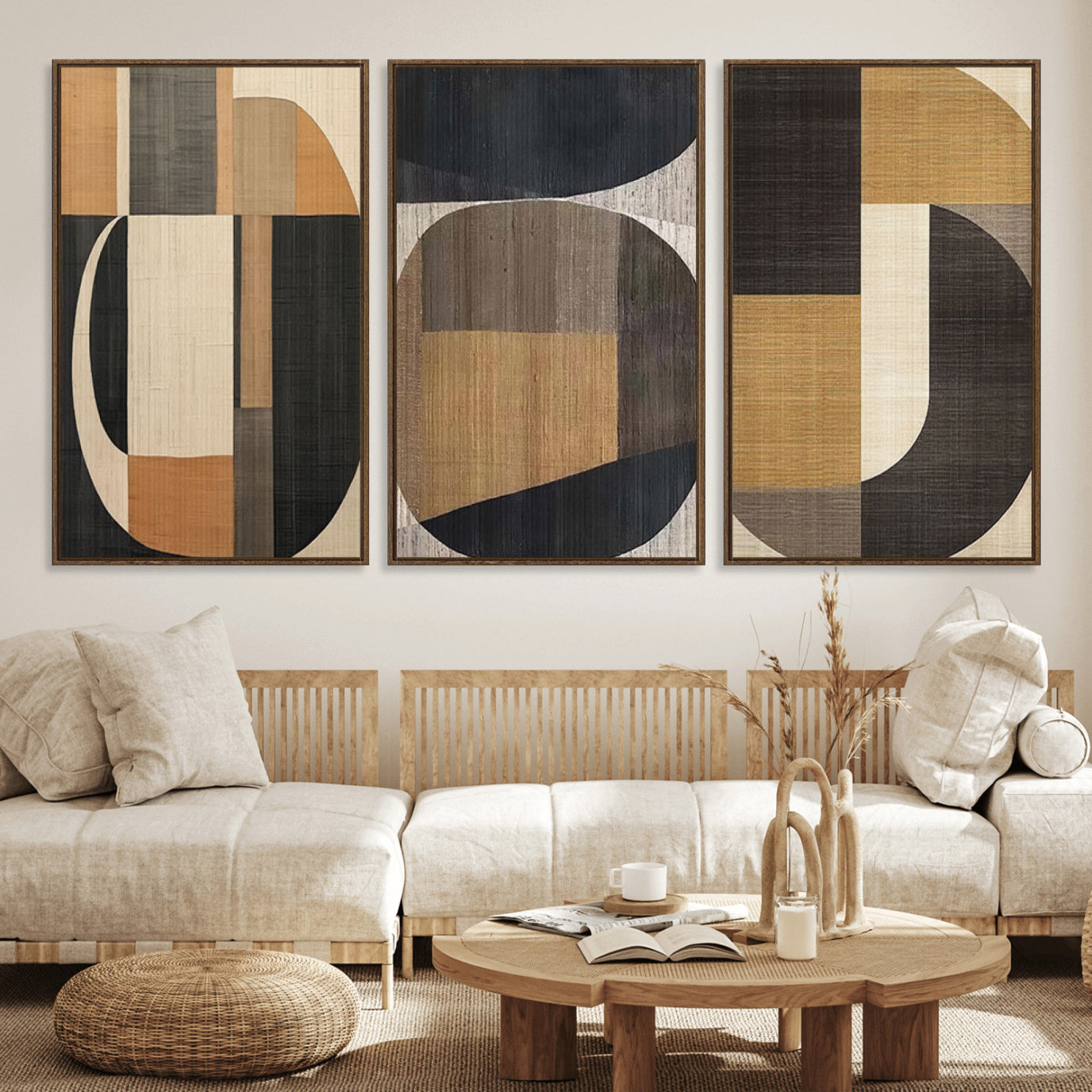 84035-MGV-FC-60X30-3P_Walnut-Modern Brown Wabi Sabi Wall Art Canvas Print Set – Framed Minimalist Abstract Artwork for Home, Office Decor