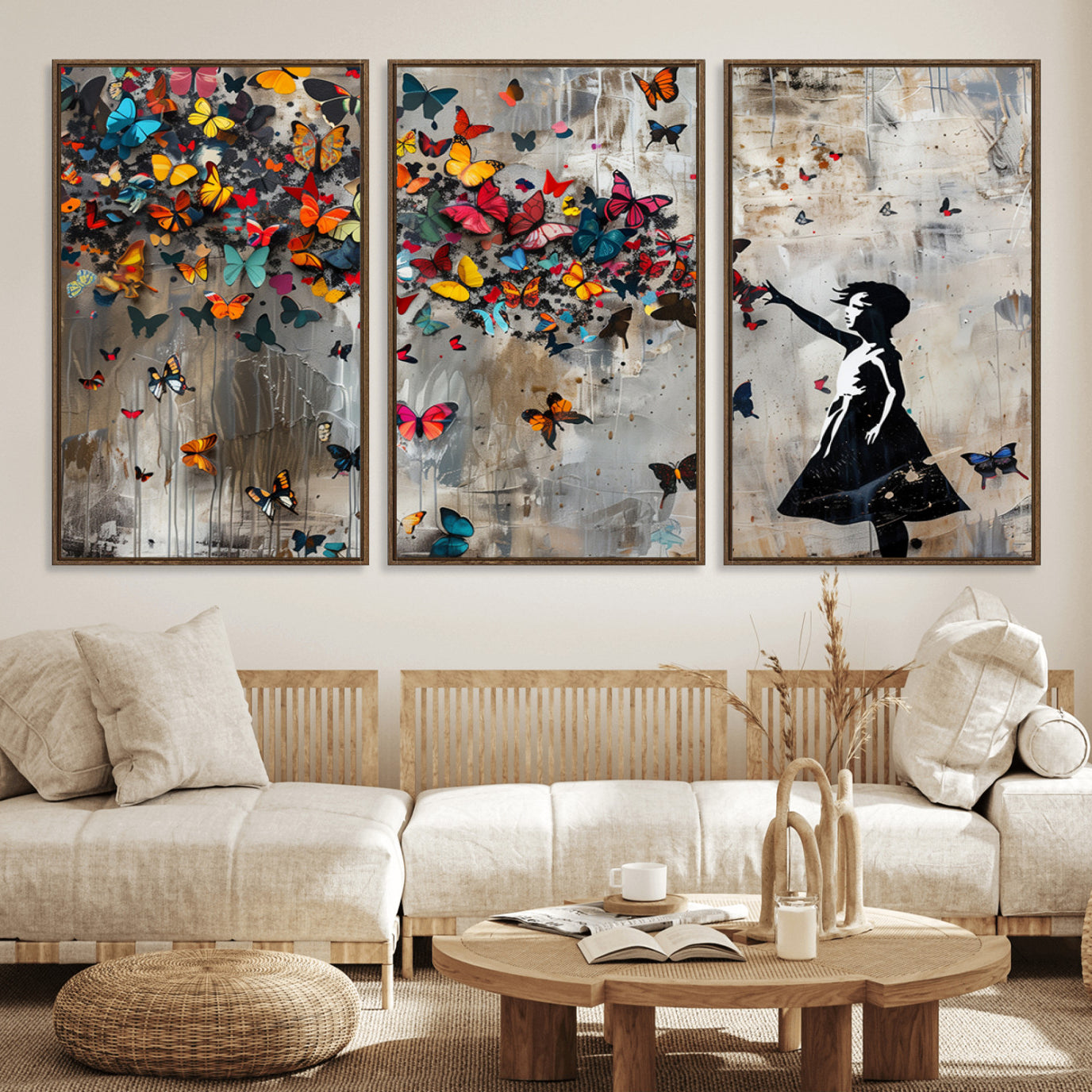 40269-MGV-CV-36X24 - Banksy Wall Art - Banksy Girl and Butterfly Explosion Wall Art Canvas Print | Girl with Butterflies