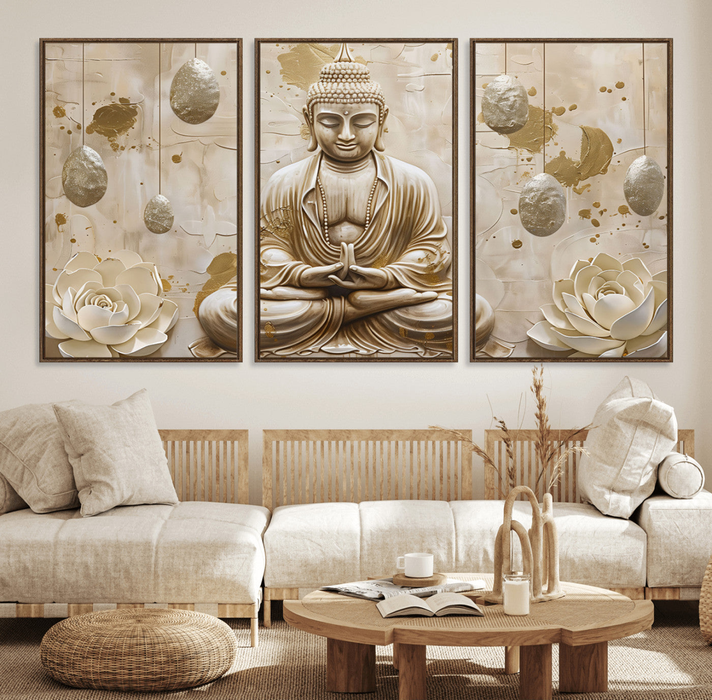 54116-MGV-FC-60X30-3P_Walnut-Serene Buddha Wall Art | Yoga Room Decor and Meditation Wall Art Print | Framed and Ready to Hang