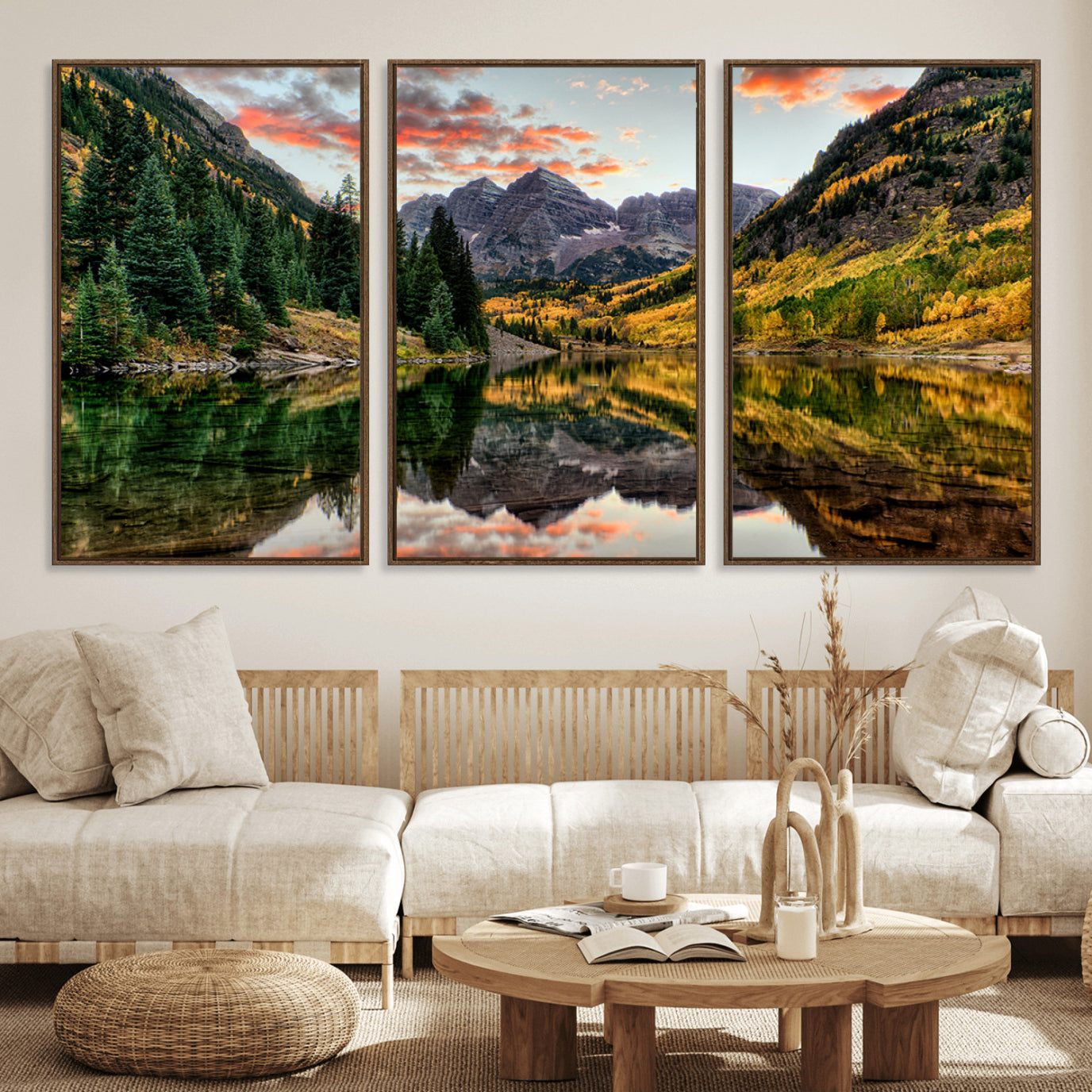 14376-MGV-FC-60X30-3P_Walnut-Maroon Bells Wall Art - Scenic Canvas Print of Maroon Bells in Autumn for Elegant Home or Office