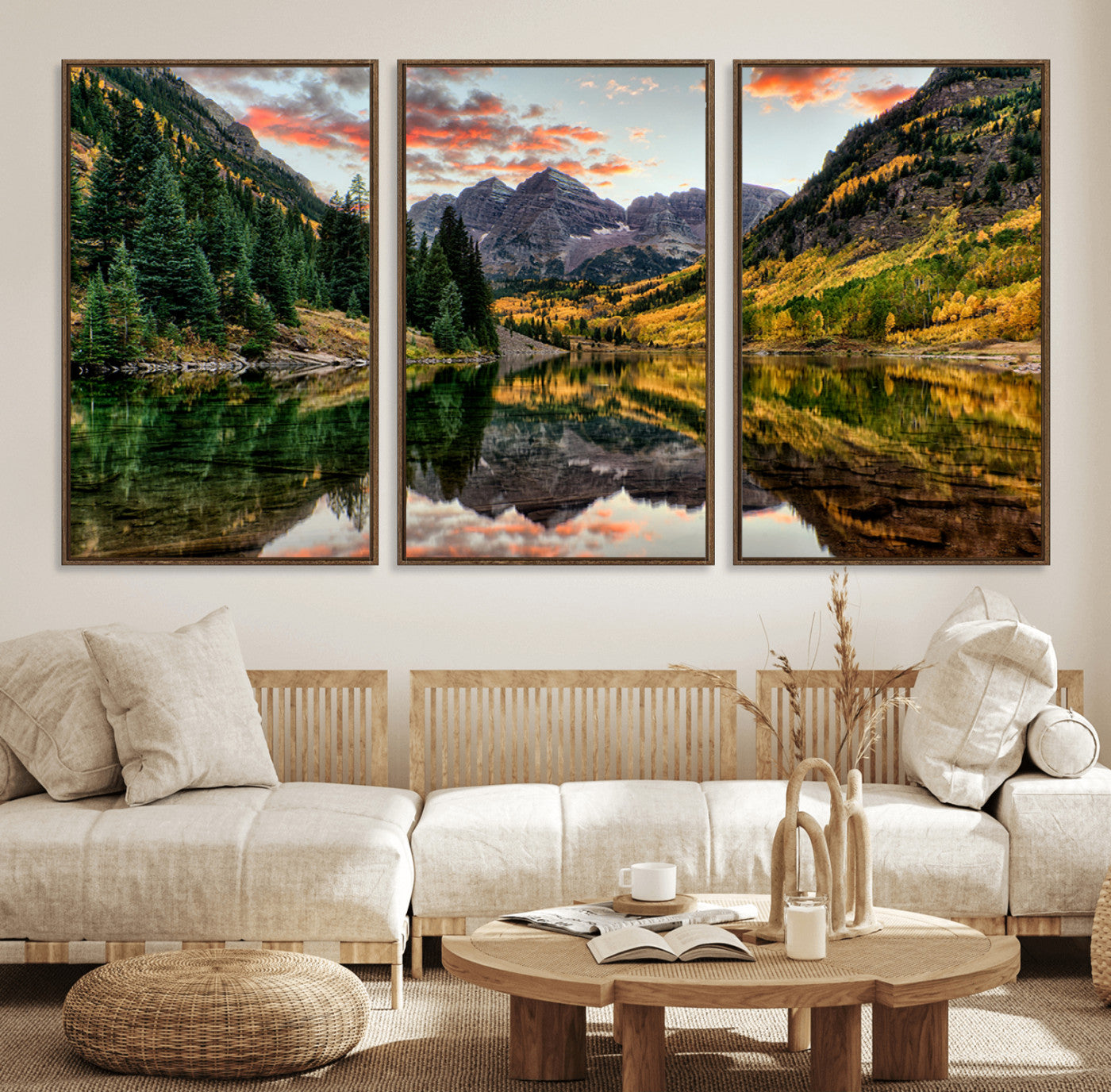 14376-MGV-FC-60X30-3P_Walnut-Maroon Bells Wall Art - Scenic Canvas Print of Maroon Bells in Autumn for Elegant Home or Office