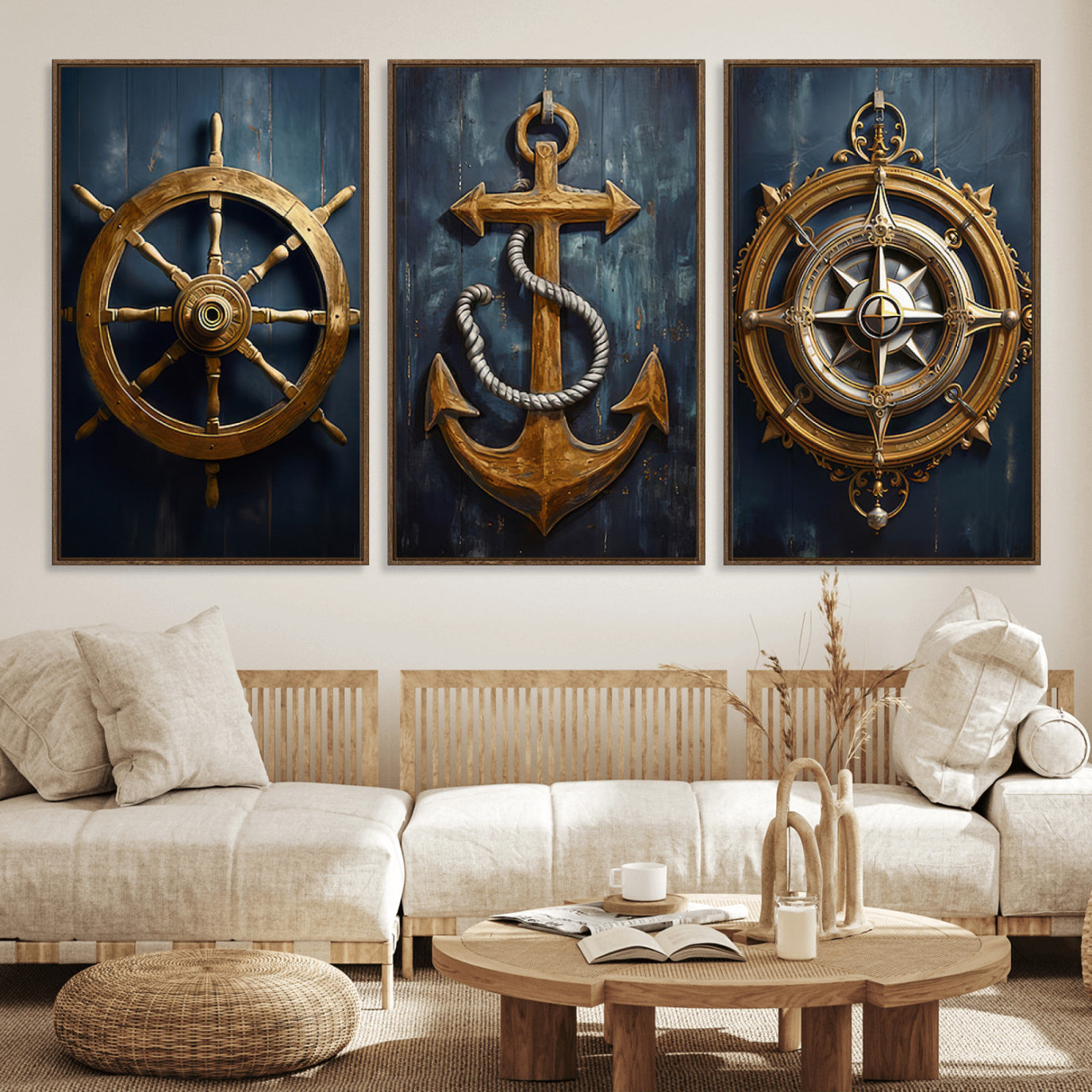 56214-MGV-FC-60X30-3P - Boat Anchor Compass With Rope Wall Art Canvas Print | Beach House Wall Art