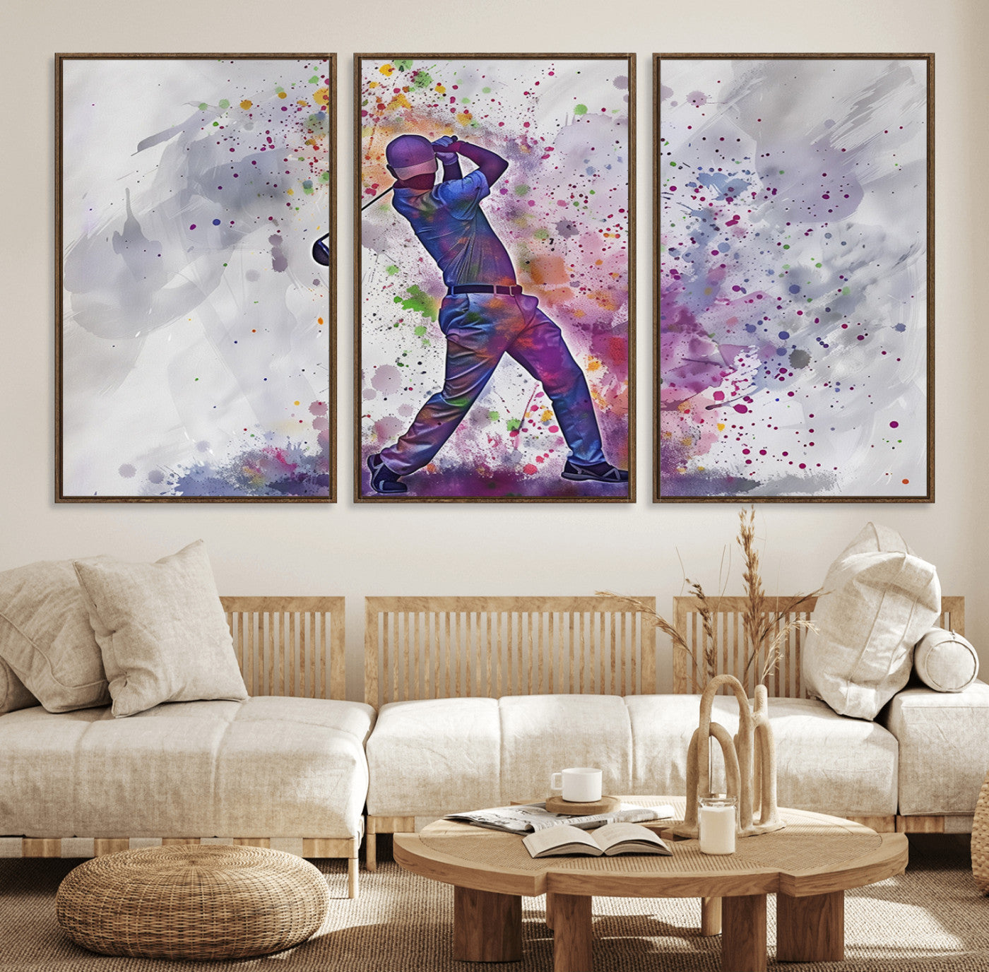 60116-MGV-FC-60X30-3P_Walnut-Watercolor Golf Swing Wall Art Canvas Print | Vibrant Abstract Golf Player Silhouette |