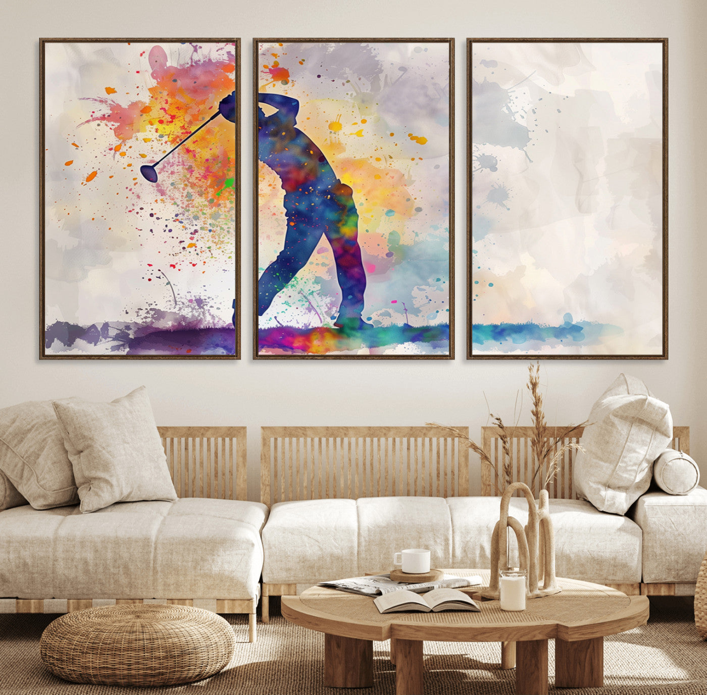 89625-MGV-FC-60X30-3P_Walnut-Watercolor Golf Swing Wall Art Canvas Print | Vibrant Abstract Golf Player Silhouette |