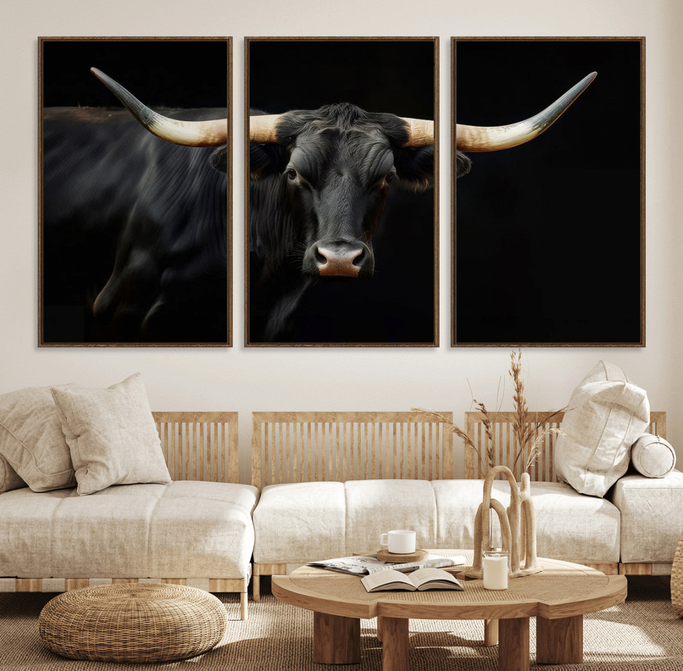 63798-MGV-FC-60X30-3P_Walnut-Black Bull Wall Art – Majestic Longhorn Canvas Print with Dark Background, Rustic Western Farmhouse Decor for Living Room or Office