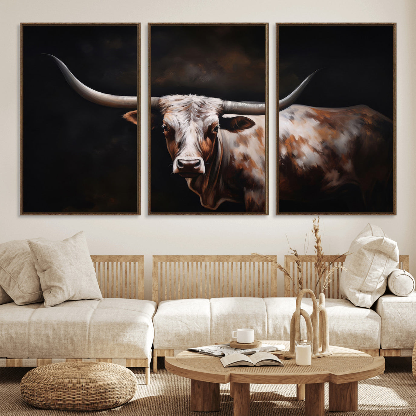 82543-MGV-FC-60X30-3P_Walnut-Texas Longhorn Wall Art Canvas Print | Western Ranch Decor | Bold Rustic Cattle Artwork | Ready to