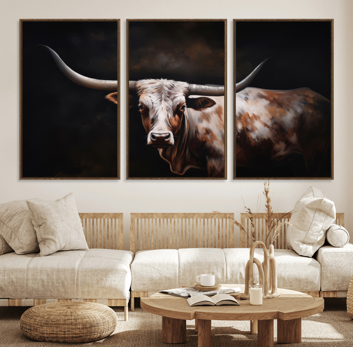 82543-MGV-FC-60X30-3P_Walnut-Texas Longhorn Wall Art Canvas Print | Western Ranch Decor | Bold Rustic Cattle Artwork | Ready to