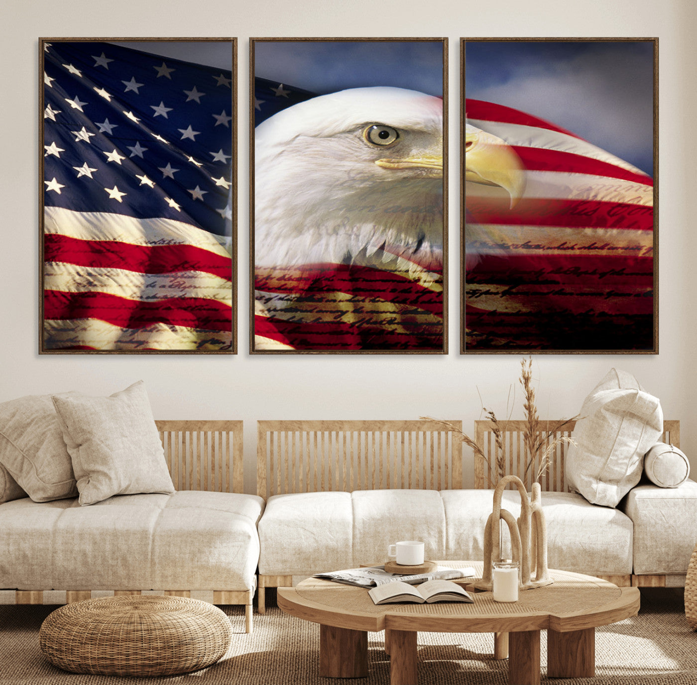 30313-MGV-FC-60X30-3P_Walnut-American Flag Eagle Symbol Wall Art, American Flag Eagle Wall Art Canvas Print