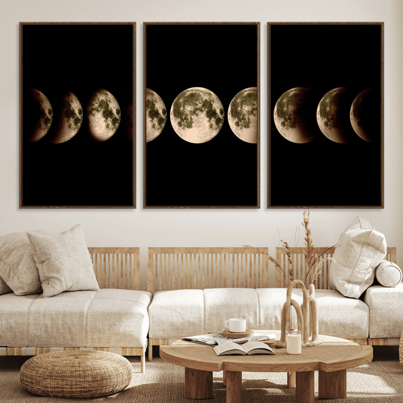 52750-MGV-FC-60X30-3P_Walnut-Phases of the Moon Wall Art | Canvas Print for Modern Wall Decor | Ready to Hang and Framed