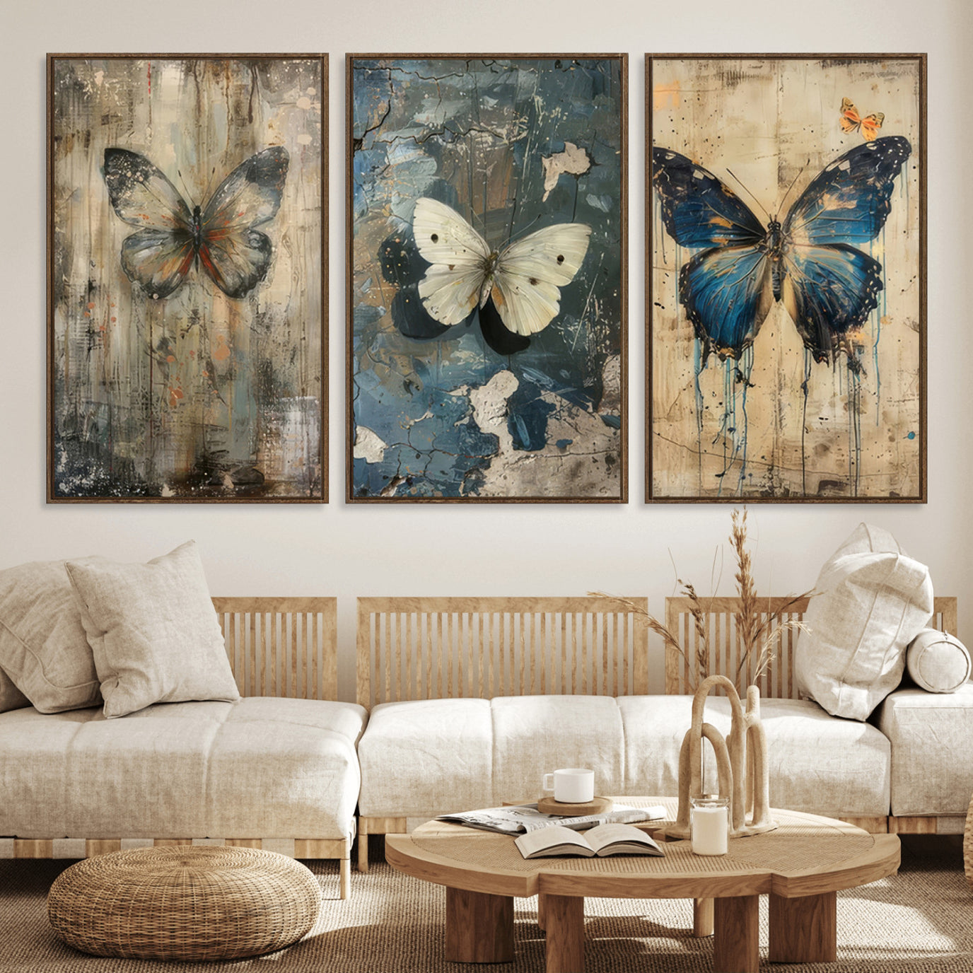 15201-MGV-FC-60X30-3P_Walnut-Butterfly Wall Art Trio | Vintage Butterfly Canvas Print | Ready to Hang Framed Artwork for