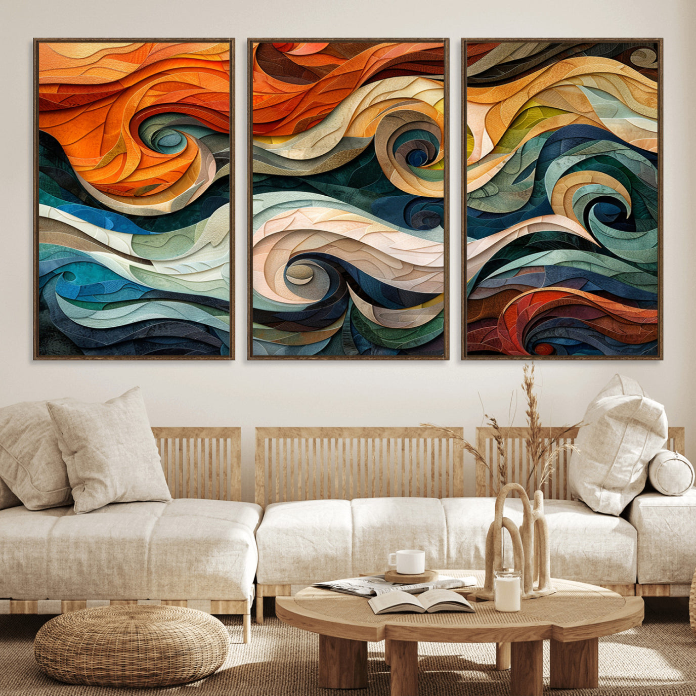 98463-MGV-FC-60X30-3P_Walnut-Abstract Wave Wall Art | Ready to Hang Framed Canvas Print | Vibrant Home Decor for Modern Spaces