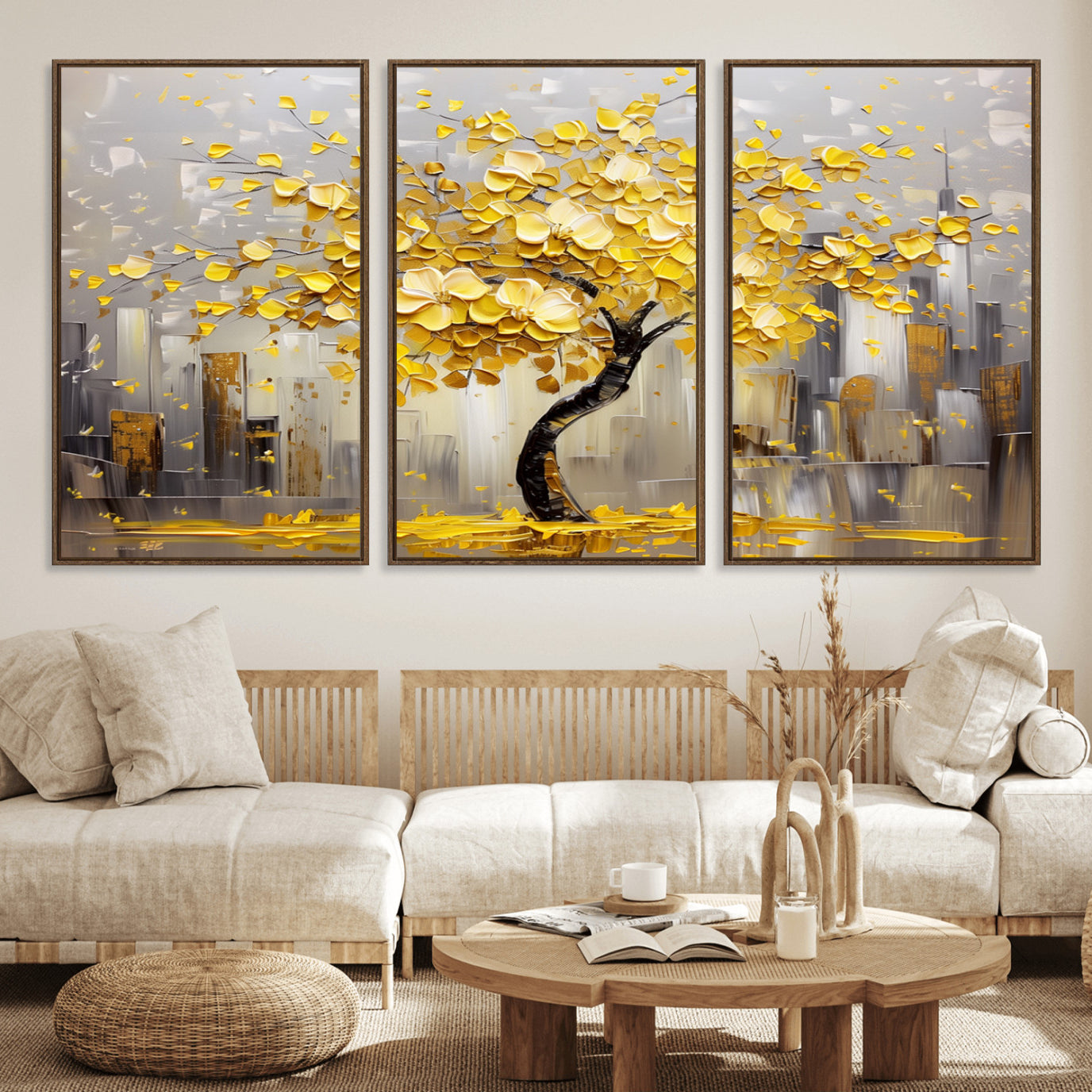 45538-MGV-FC-60X30-3P_Walnut-Golden Tree Canvas Print | Abstract Wall Art for Modern Homes | Ready to Hang Framed Artwork
