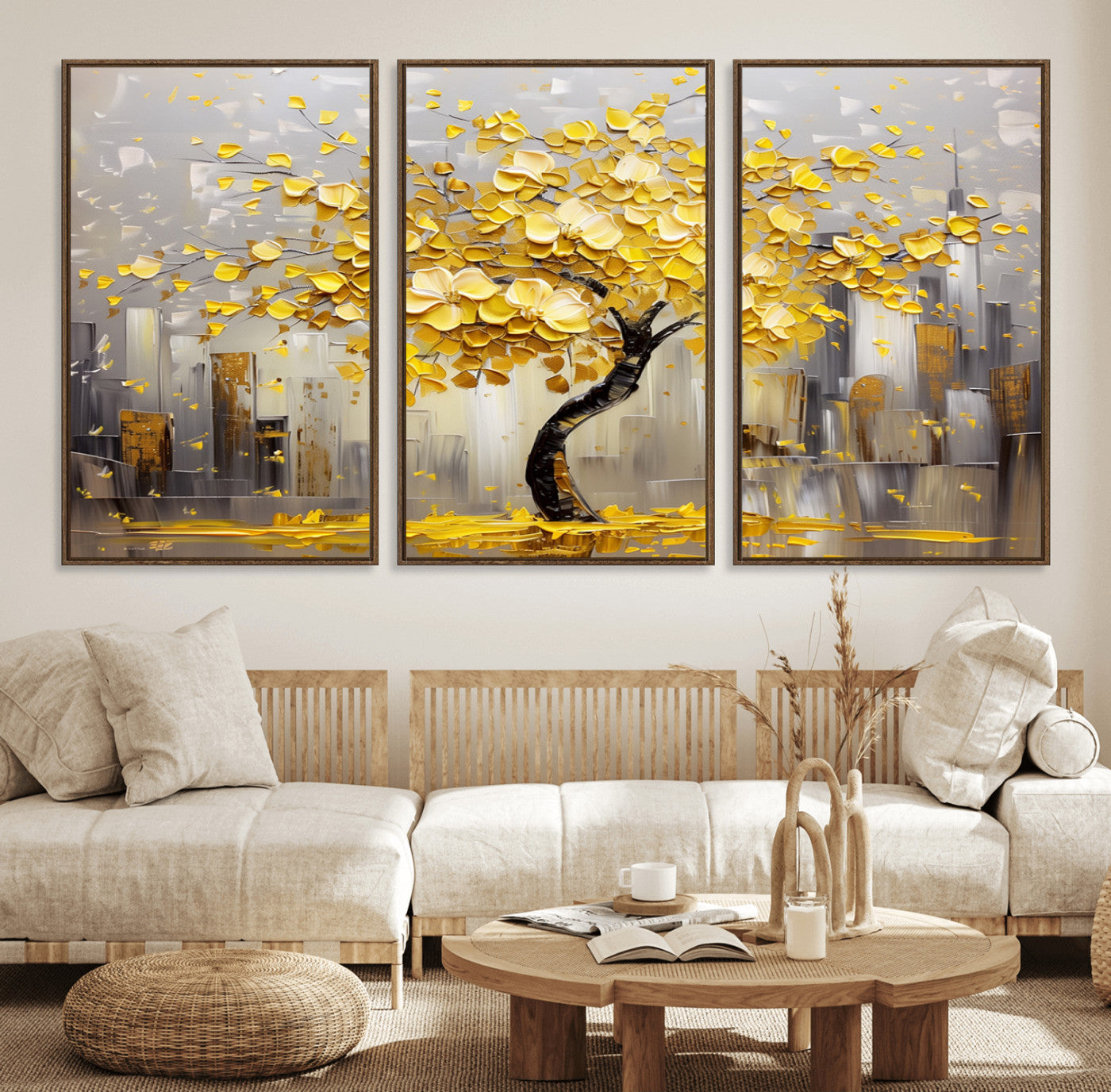 45538-MGV-FC-60X30-3P_Walnut-Golden Tree Canvas Print | Abstract Wall Art for Modern Homes | Ready to Hang Framed Artwork