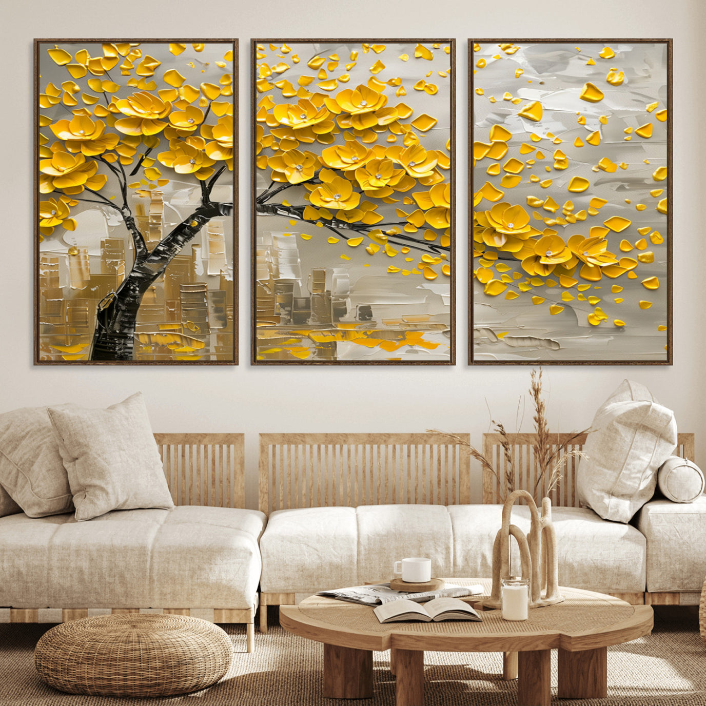 99675-MGV-FC-60X30-3P_Walnut-Yellow Blossom Tree Canvas Wall Art - Floral Abstract Modern Contemporary Artwork for Living Room or