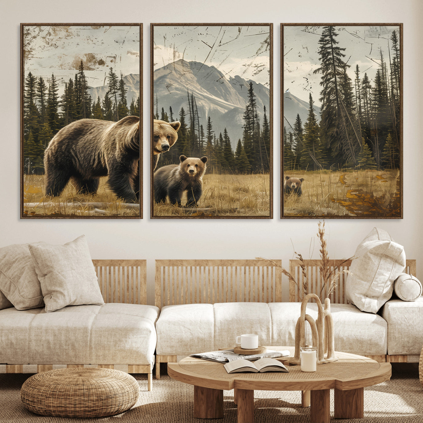 -Rustic Grizzly 399 Bear Family Wall Art Canvas Print