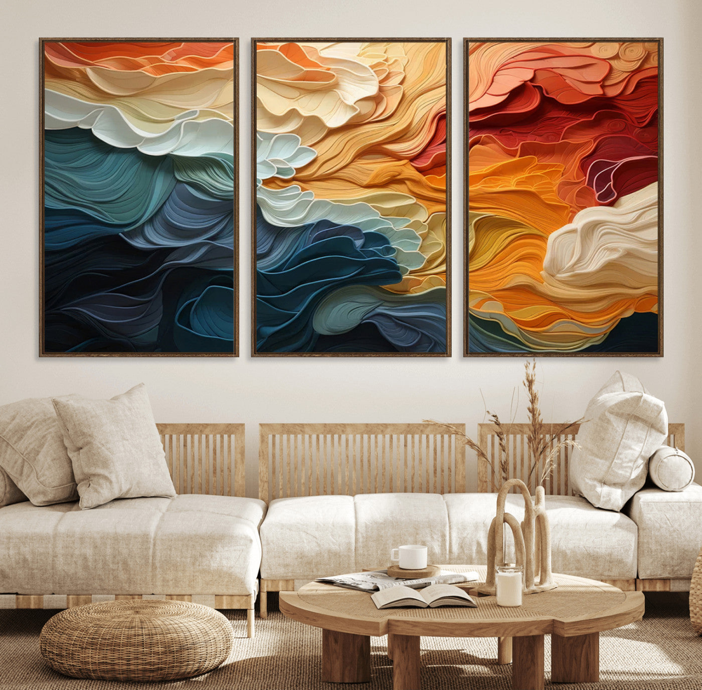 31634-MGV-FC-60X30-3P_Walnut-Blue Orange Abstract Wave Wall Art Canvas Print, Framed Blue Orange Wave Wall Art