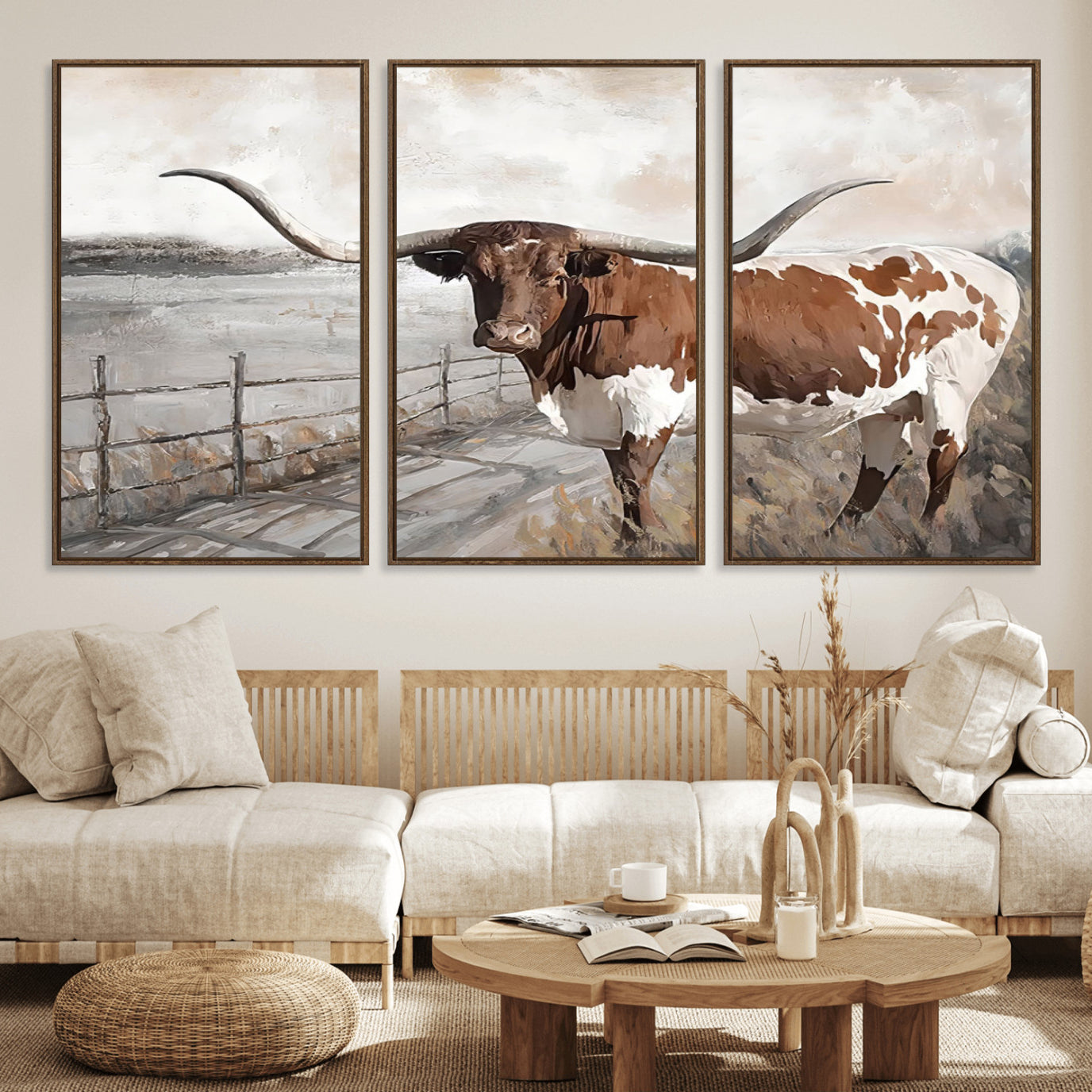 57340-MGV-FC-60X30-3P_Walnut-Vintage Texas Cow Wall Art Canvas Print, Rustic Longhorn Wall Art | Canvas Print for Farmhouse Decor
